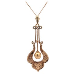 Antique Victorian Gold Textured Hand Engraved Floral Dangle Lavalier Pendant