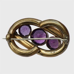 Antique Victorian Gold Tone and Faux Amethyst Hand Engraved Brooch
