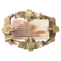 Antique Victorian Gold Tone Carved Mother Of Pearl Pin With  Floral Leaf Design