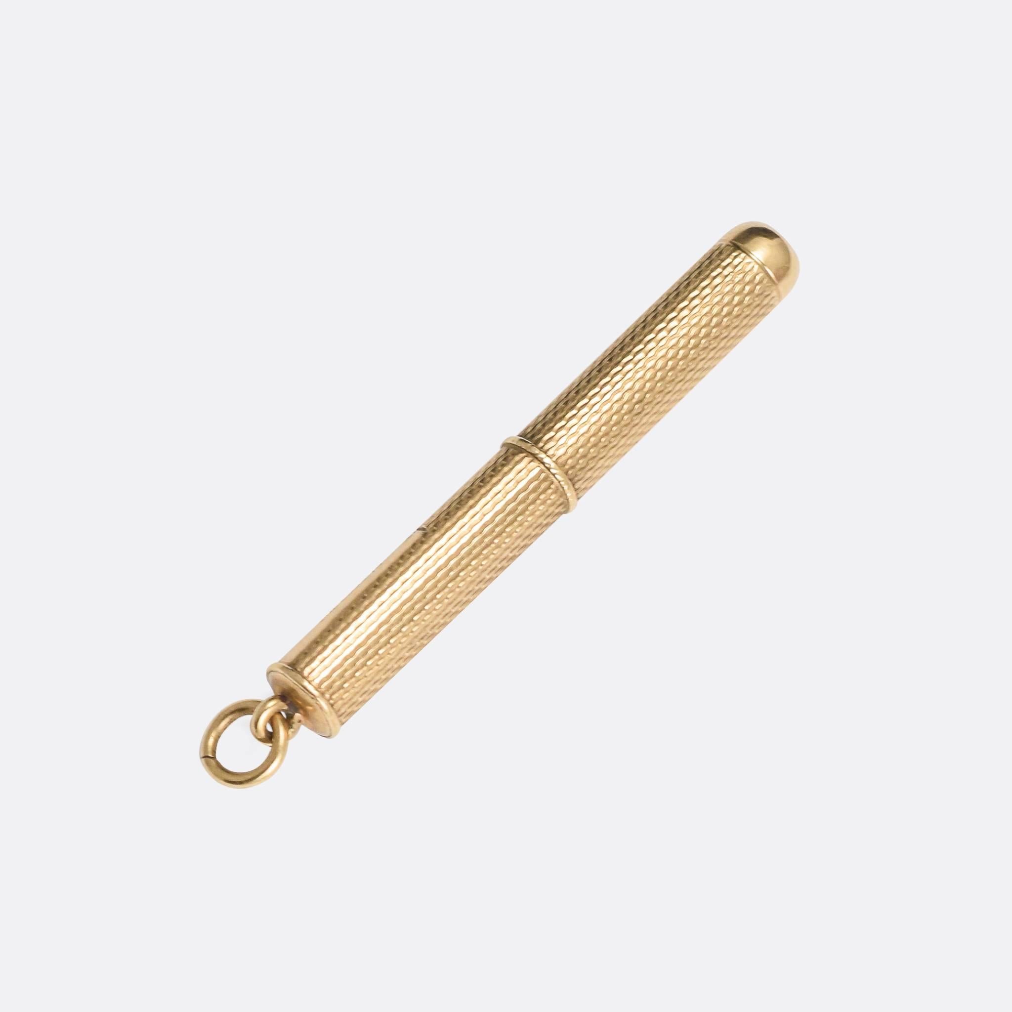 For that person who has everything.... a cool antique toothpick, crafted in yellow gold throughout. The pick is retractable, moving in or out depending which way the handle is turned. Could be useful...? Certainly novel.

MEASUREMENTS 
Full length: