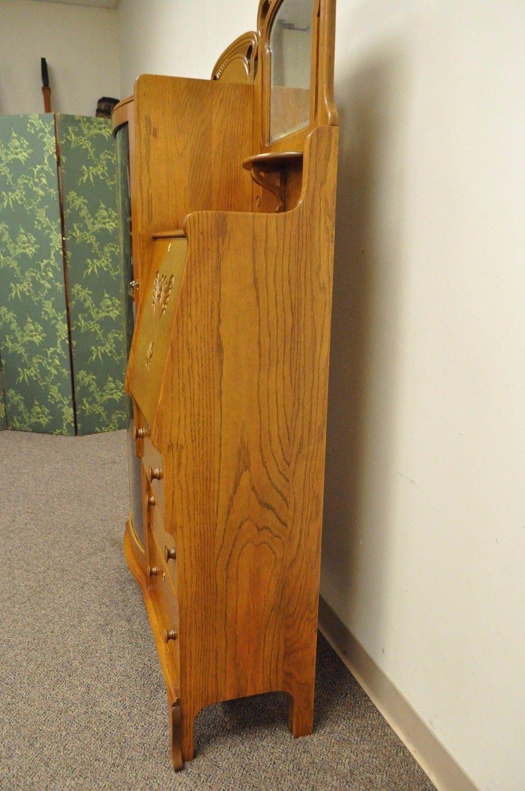 Antique Victorian Golden Oak Bow Glass Side by Side Bookcase Secretary Desk 2