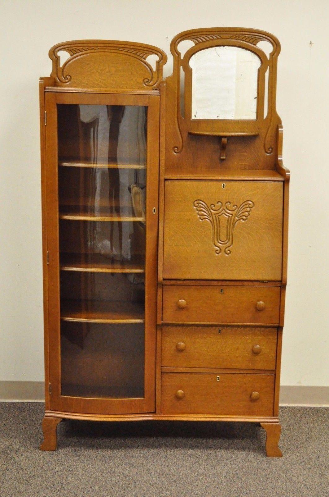 Antique Victorian Golden Oak Bow Glass Side by Side Bookcase Secretary Desk 4