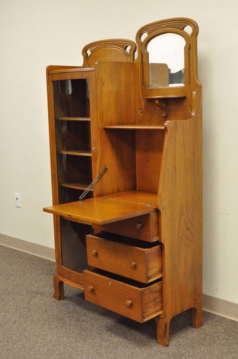 Antique Victorian Golden Oak Bow Glass Side by Side Bookcase Secretary