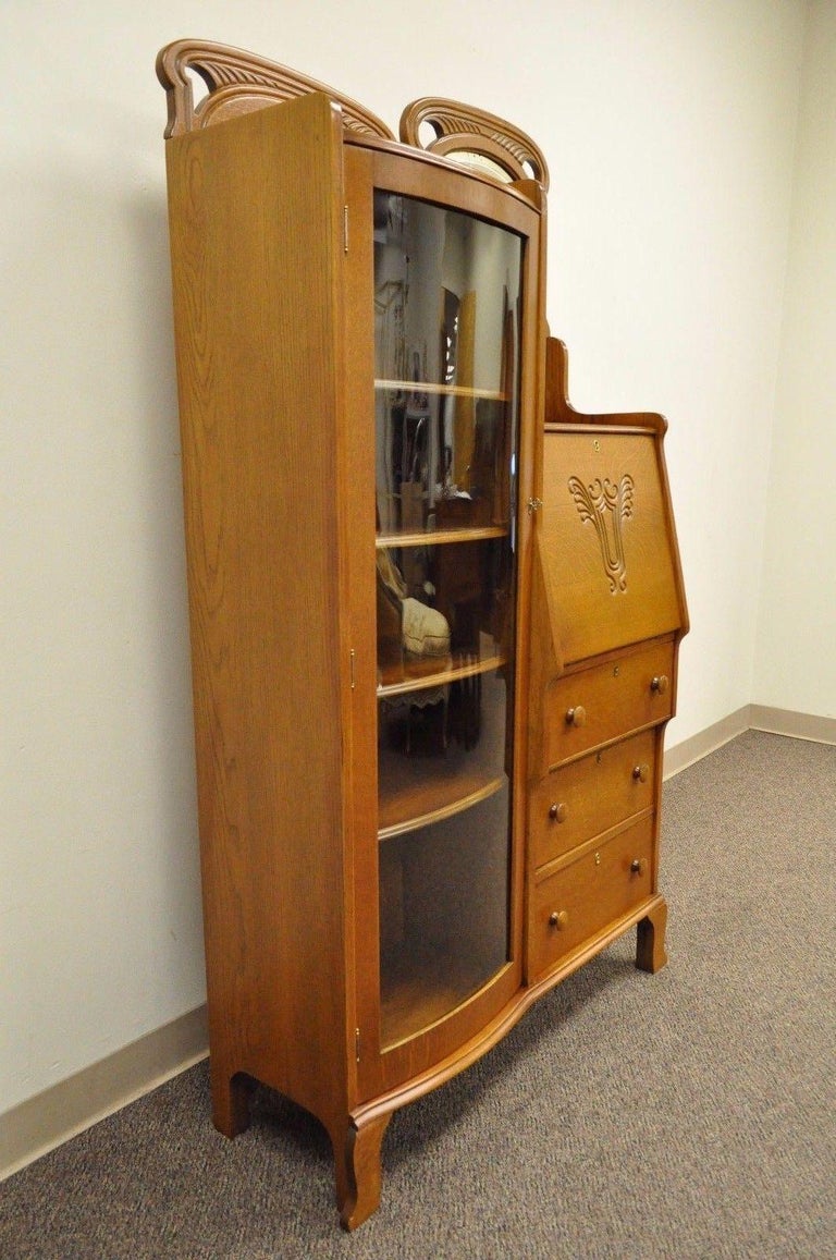 Antique Victorian Golden Oak Bow Glass Side by Side Bookcase Secretary