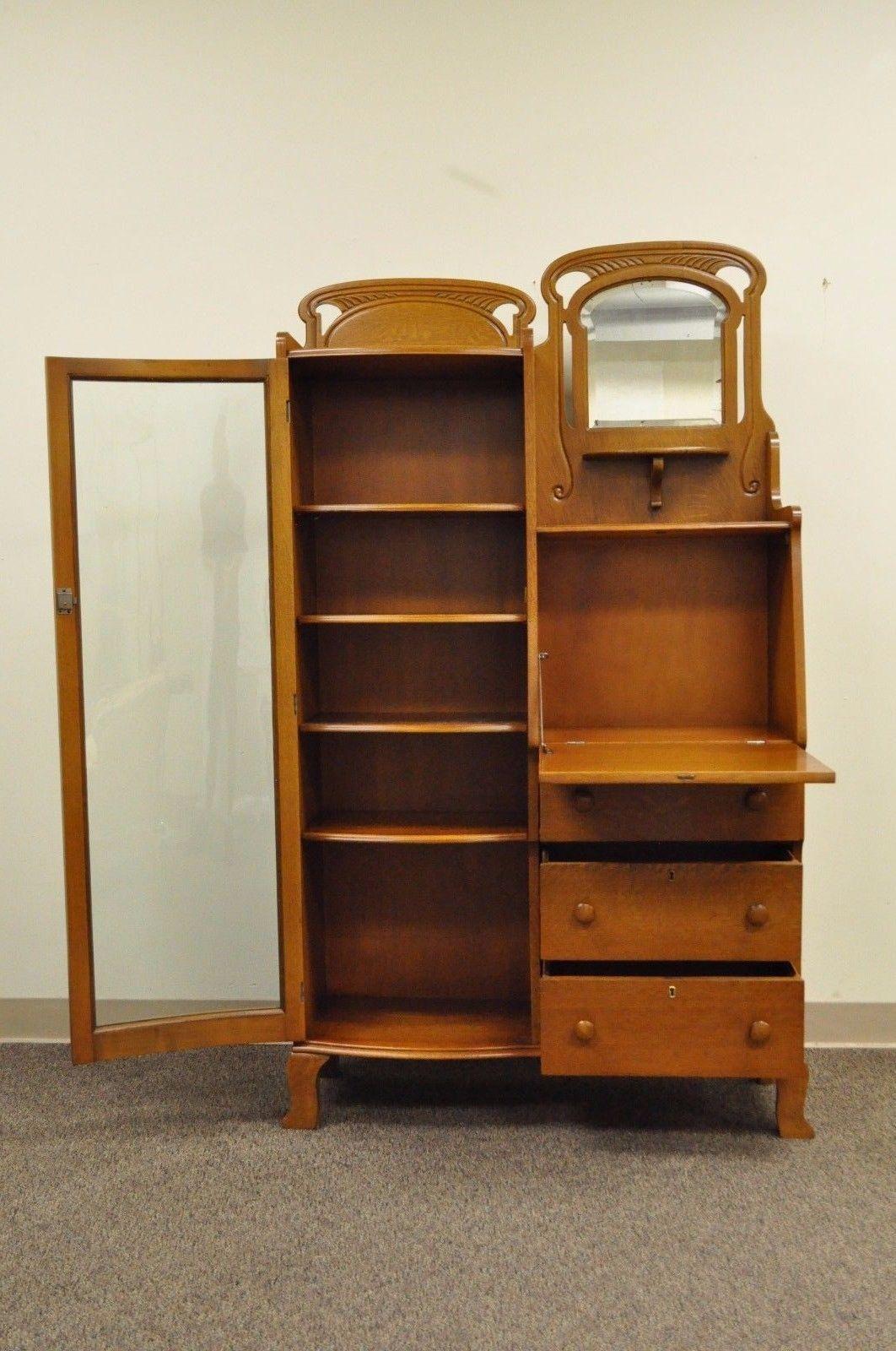American Antique Victorian Golden Oak Bow Glass Side by Side Bookcase Secretary Desk