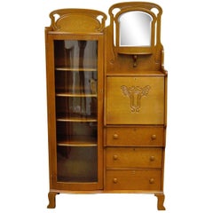 Antique Victorian Golden Oak Bow Glass Side by Side Bookcase Secretary Desk