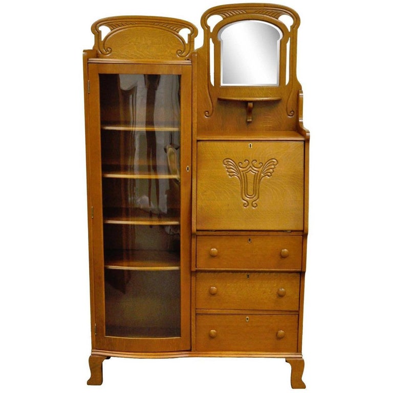 Antique Victorian Golden Oak Bow Glass Side by Side Bookcase Secretary
