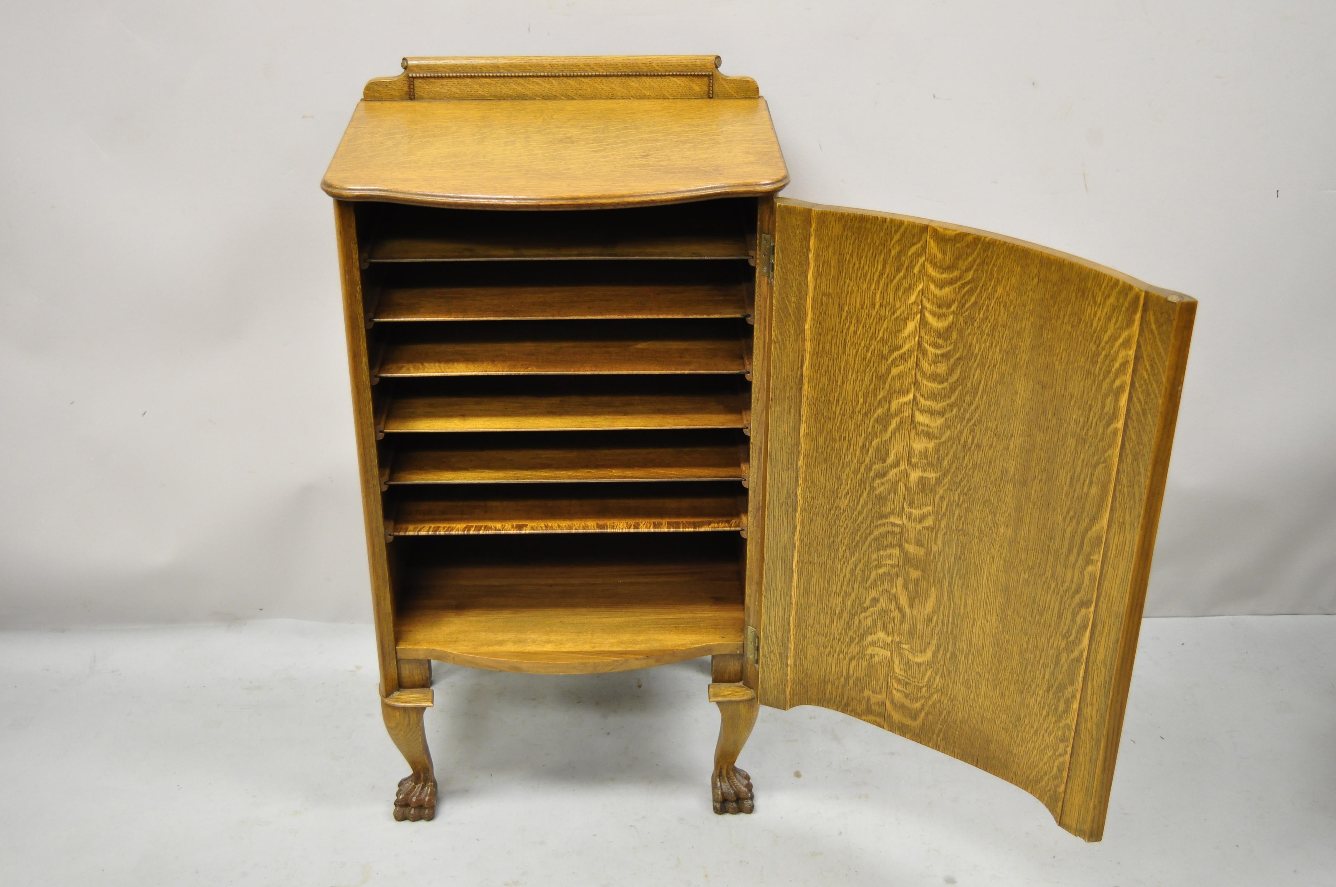 20th Century Antique Victorian Golden Oak Carved Lyre Harp Paw Feet Sheet Music Cabinet