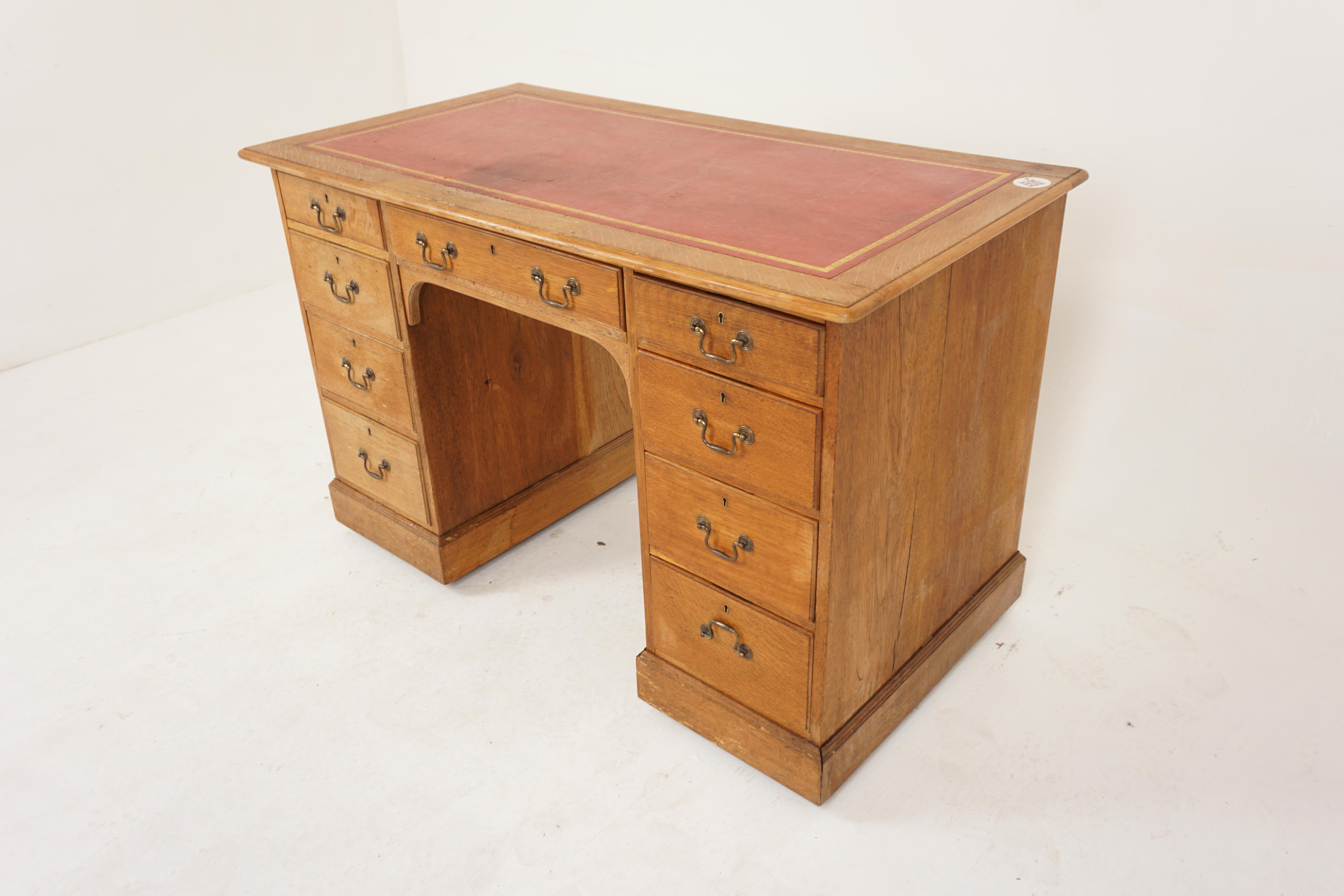 Antique, Victorian, golden oak, pedestal desk, writing table, Scotland 1890, H057

Scotland 1890
Solid Oak
Original Finish
Rectangular moulded top with a burgundy, monogrammed leather inset with the gold tooling (AW)
Has an arrangement of nine