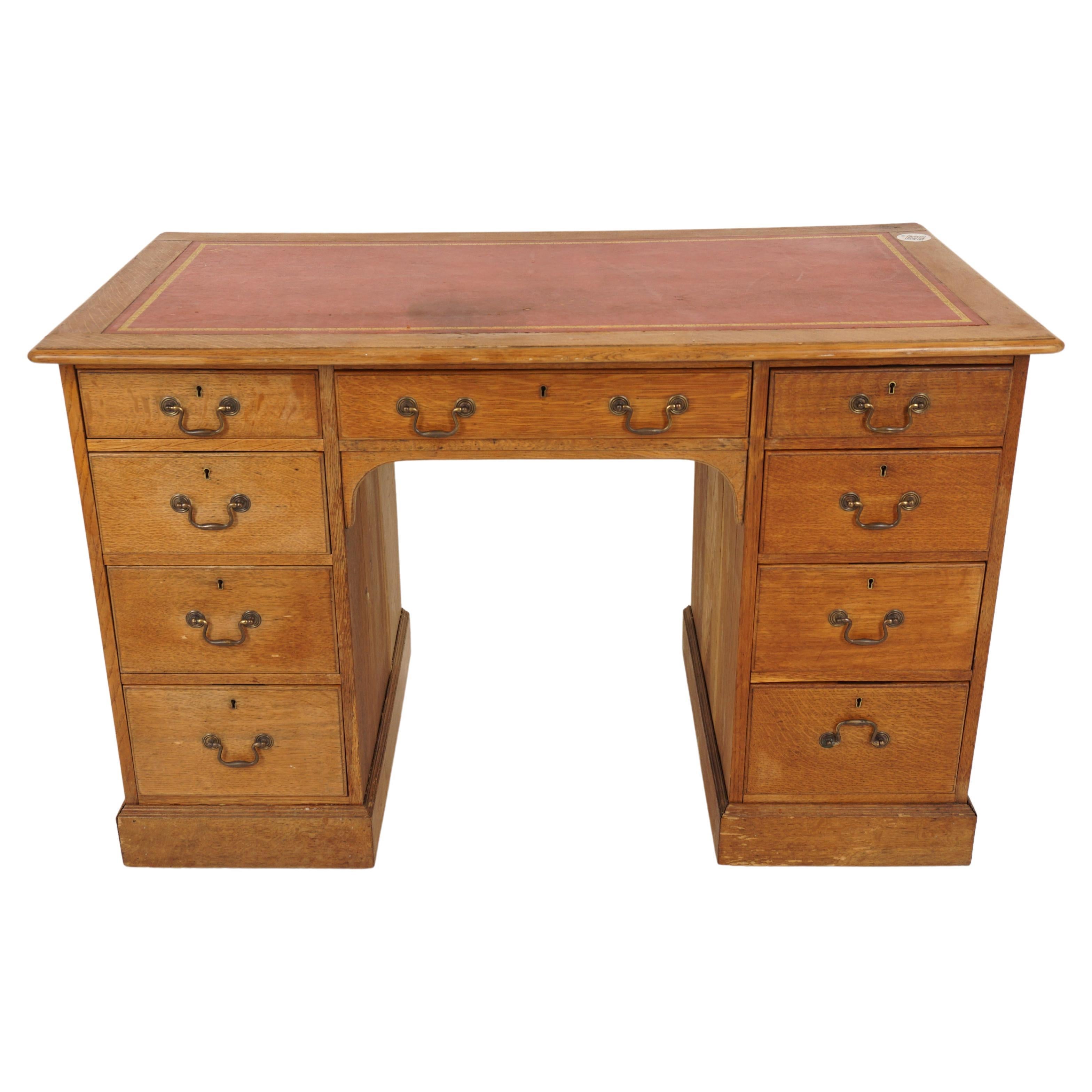 Antique Victorian, Golden Oak, Pedestal Desk, Writing Table, Scotland 1890