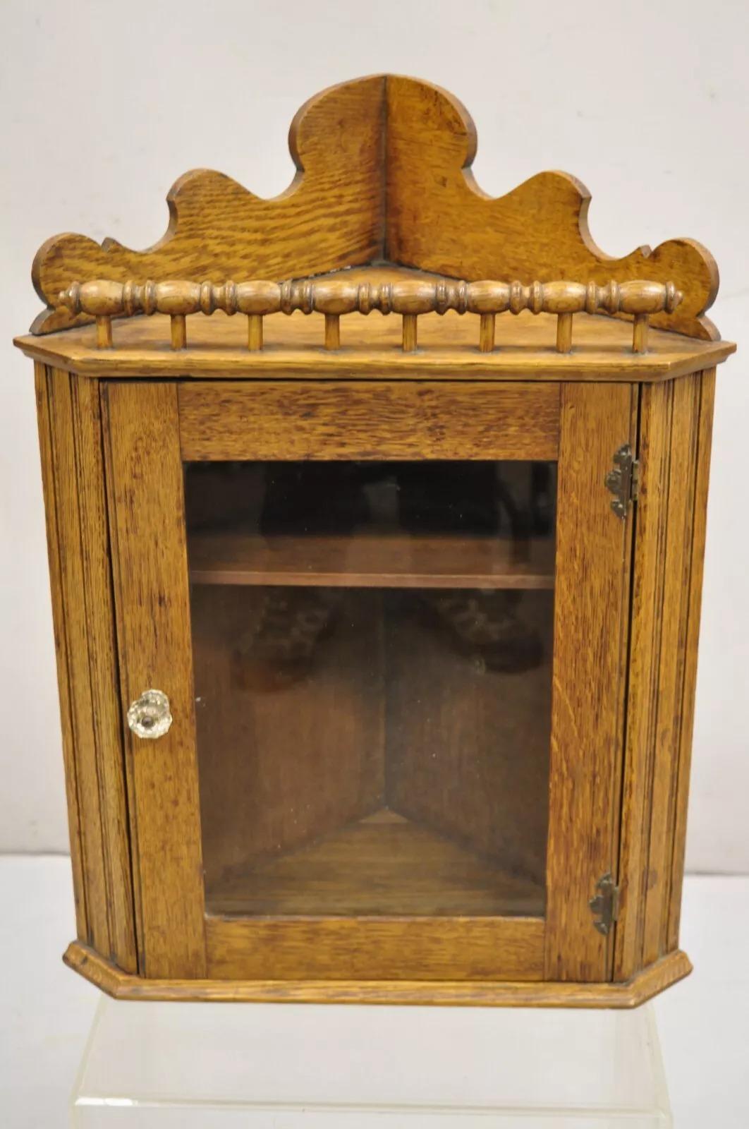Antique Victorian Golden Oak Wood Glass One Door Corner Wall Curio Cabinet 6