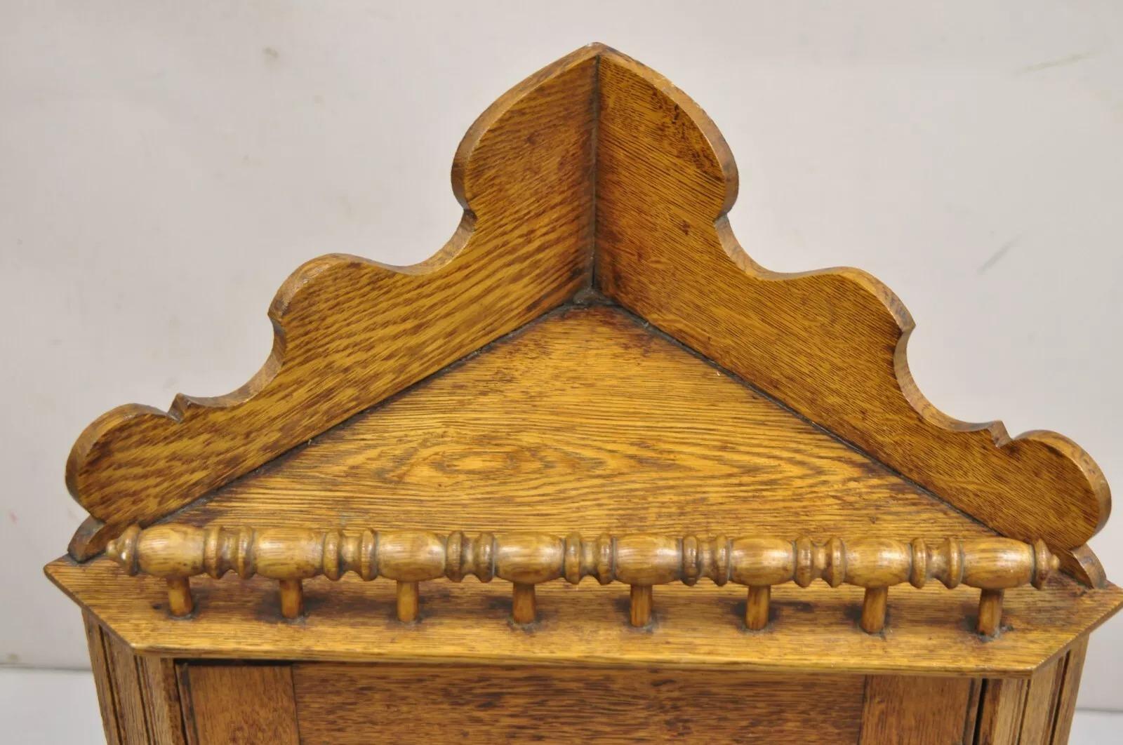 Unknown Antique Victorian Golden Oak Wood Glass One Door Corner Wall Curio Cabinet