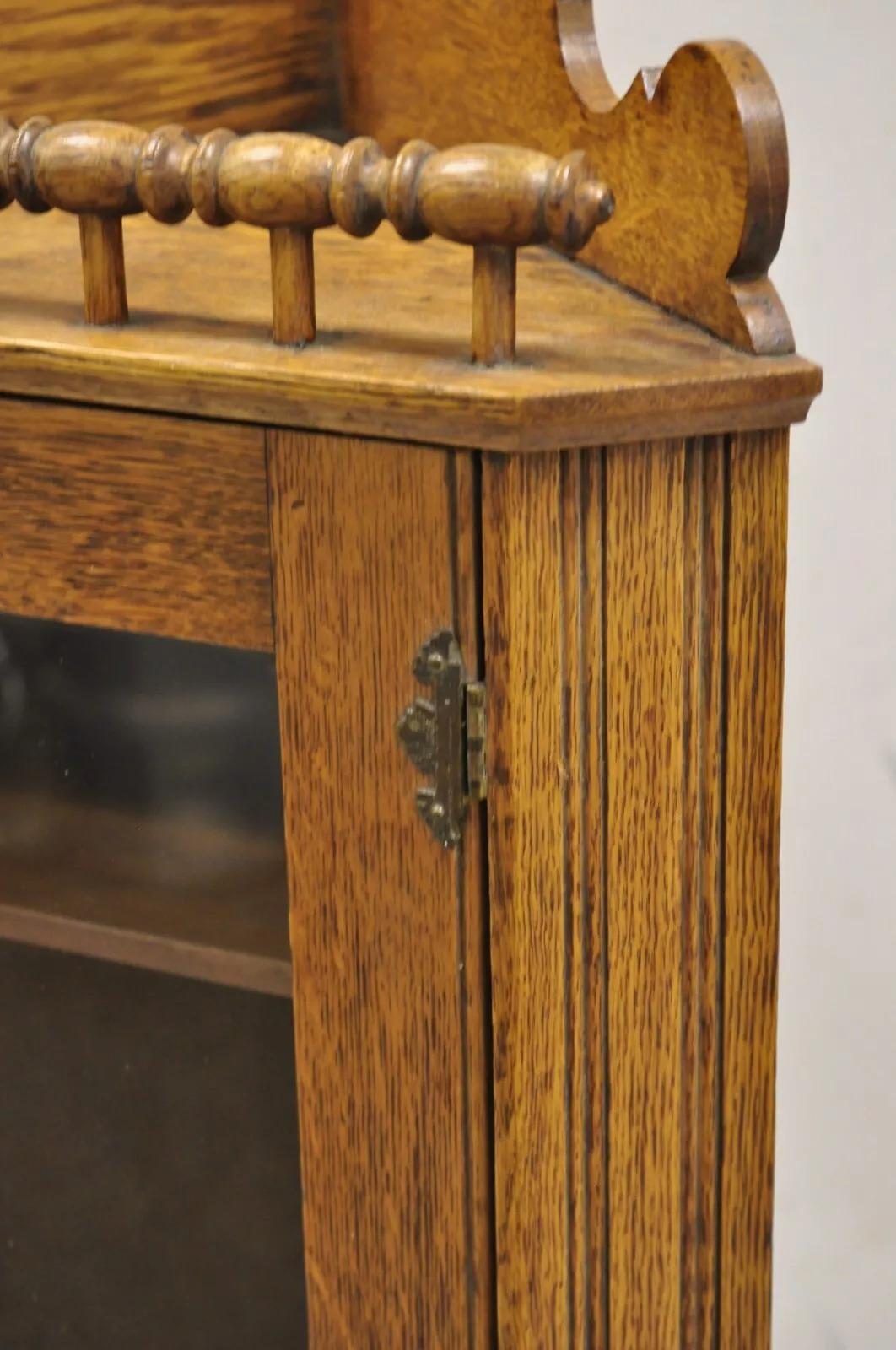 Antique Victorian Golden Oak Wood Glass One Door Corner Wall Curio Cabinet 1