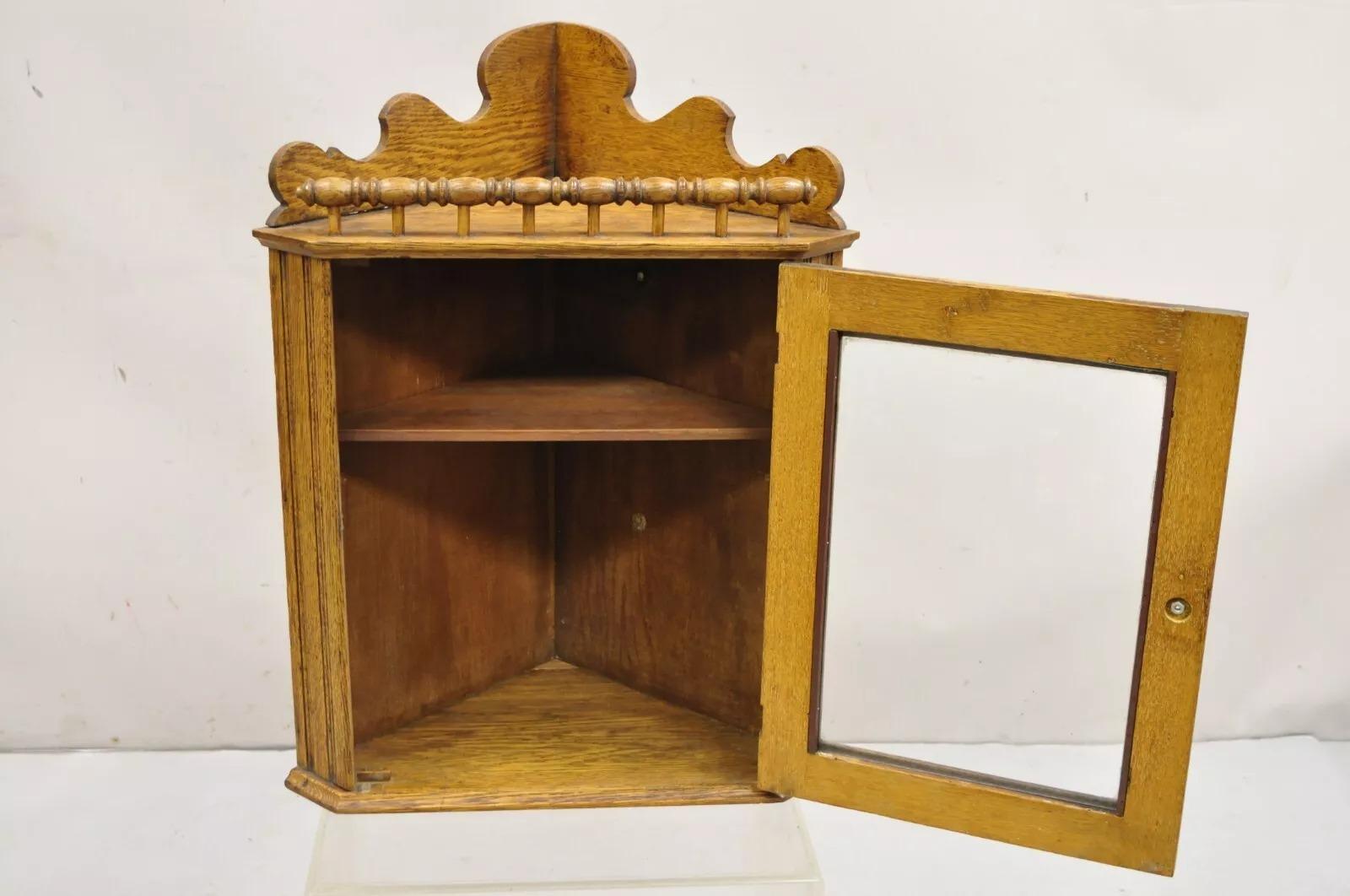 Antique Victorian Golden Oak Wood Glass One Door Corner Wall Curio Cabinet 2