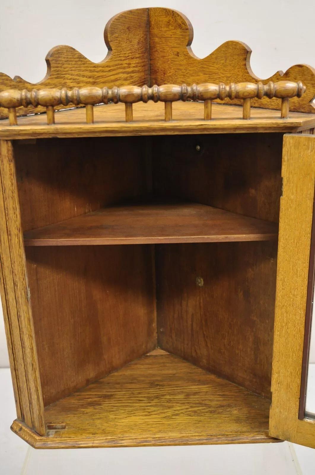 Antique Victorian Golden Oak Wood Glass One Door Corner Wall Curio Cabinet 3