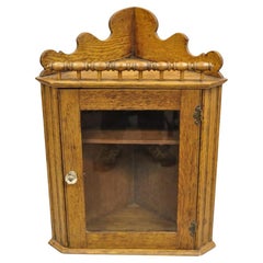 Antique Victorian Golden Oak Wood Glass One Door Corner Wall Curio Cabinet