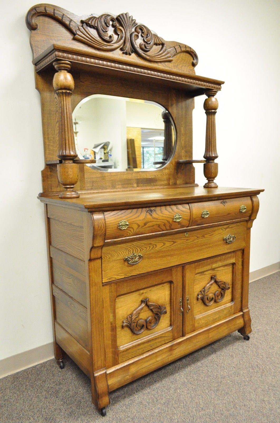 Antique Victorian Golden Quartered Oak Carved Mirror Sideboard Server Buffet 4