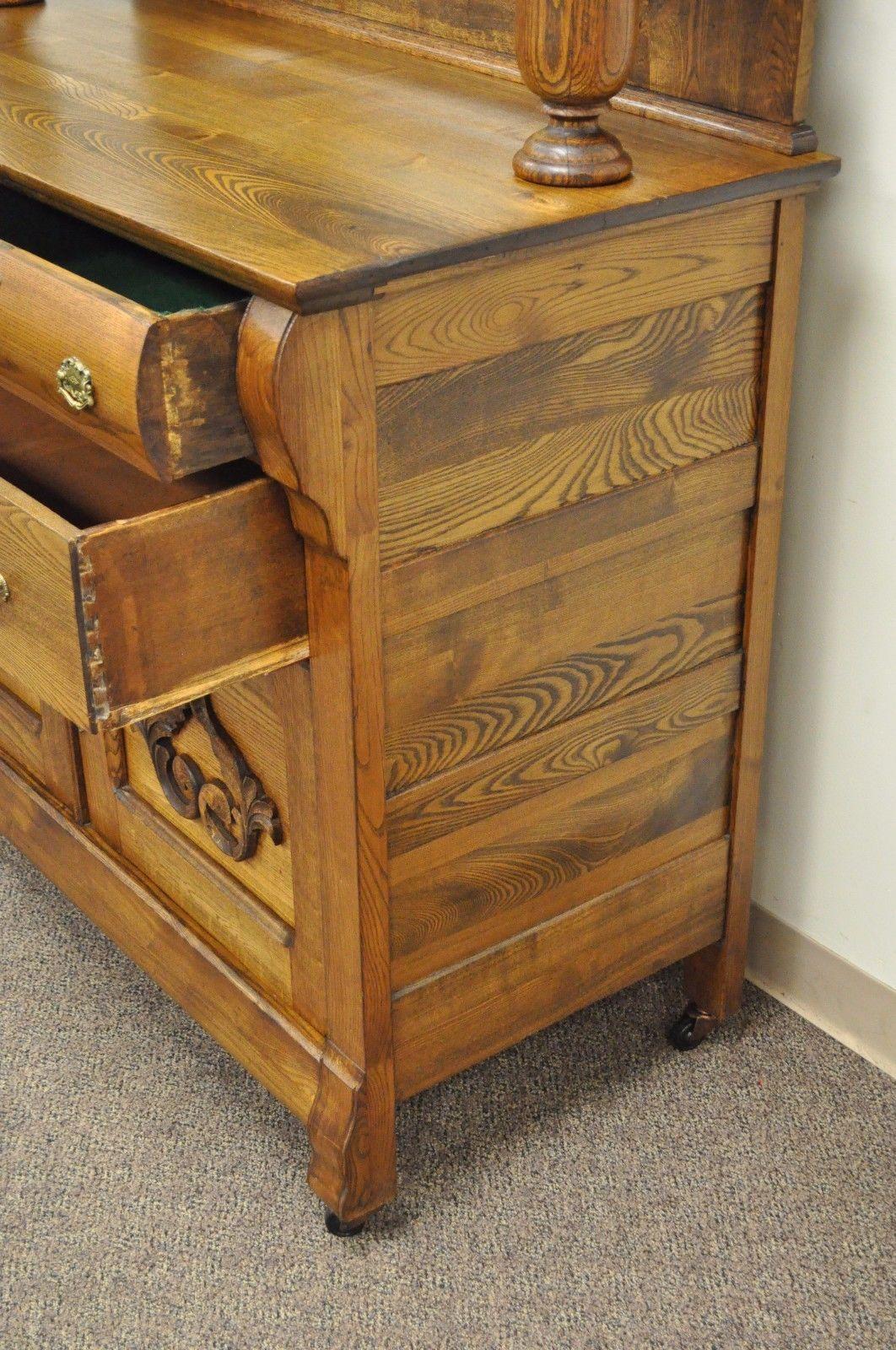 20th Century Antique Victorian Golden Quartered Oak Carved Mirror Sideboard Server Buffet