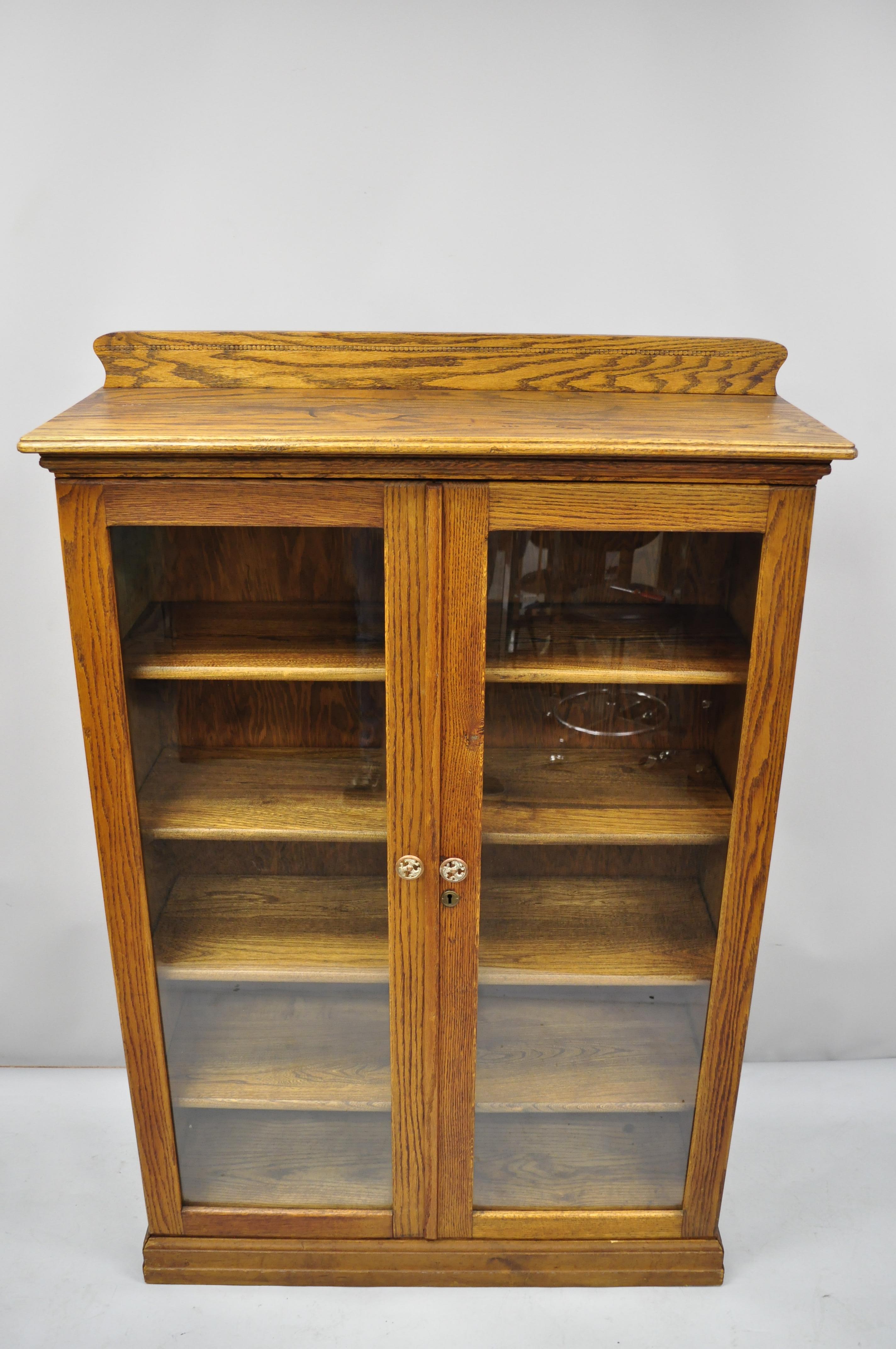 Antique Victorian Golden Tiger Oak Glass 2-Door Bookcase China Cabinet 2
