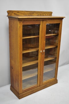 Antique Victorian Golden Tiger Oak Glass 2-Door Bookcase China Cabinet