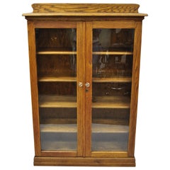 Antique Victorian Golden Tiger Oak Glass 2-Door Bookcase China Cabinet