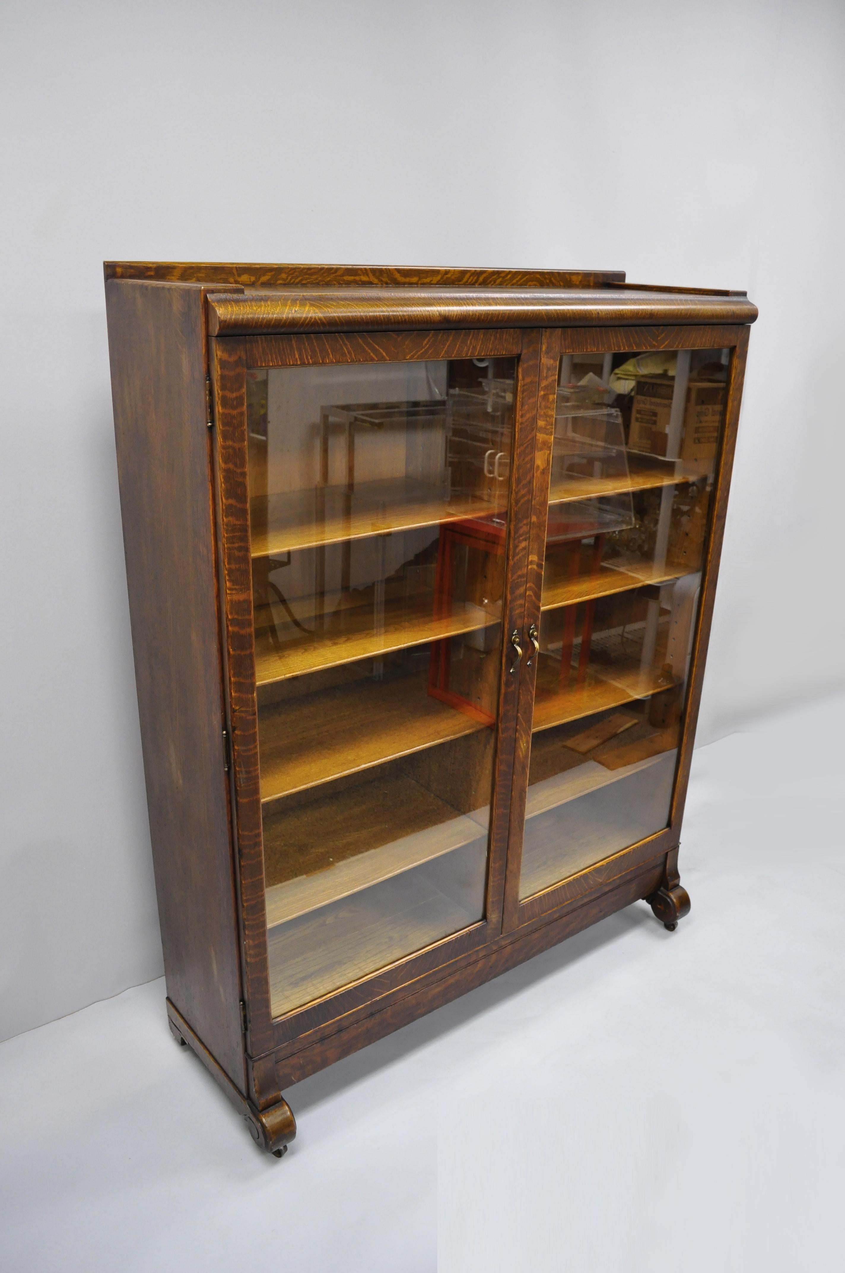 Antique Victorian Golden Tiger Oak Glass Double Door China Cabinet Bookcase 4