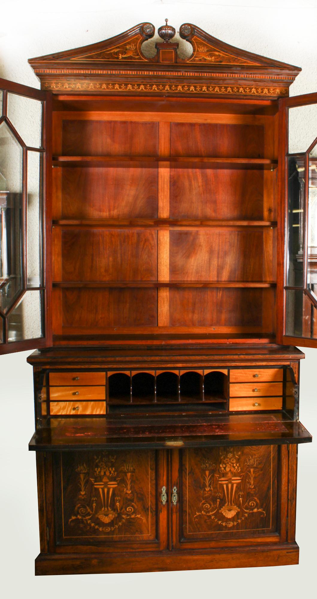 Antique Victorian Gonçalo Alves & Marquetry Secretaire Bookcase 19th C For Sale 12