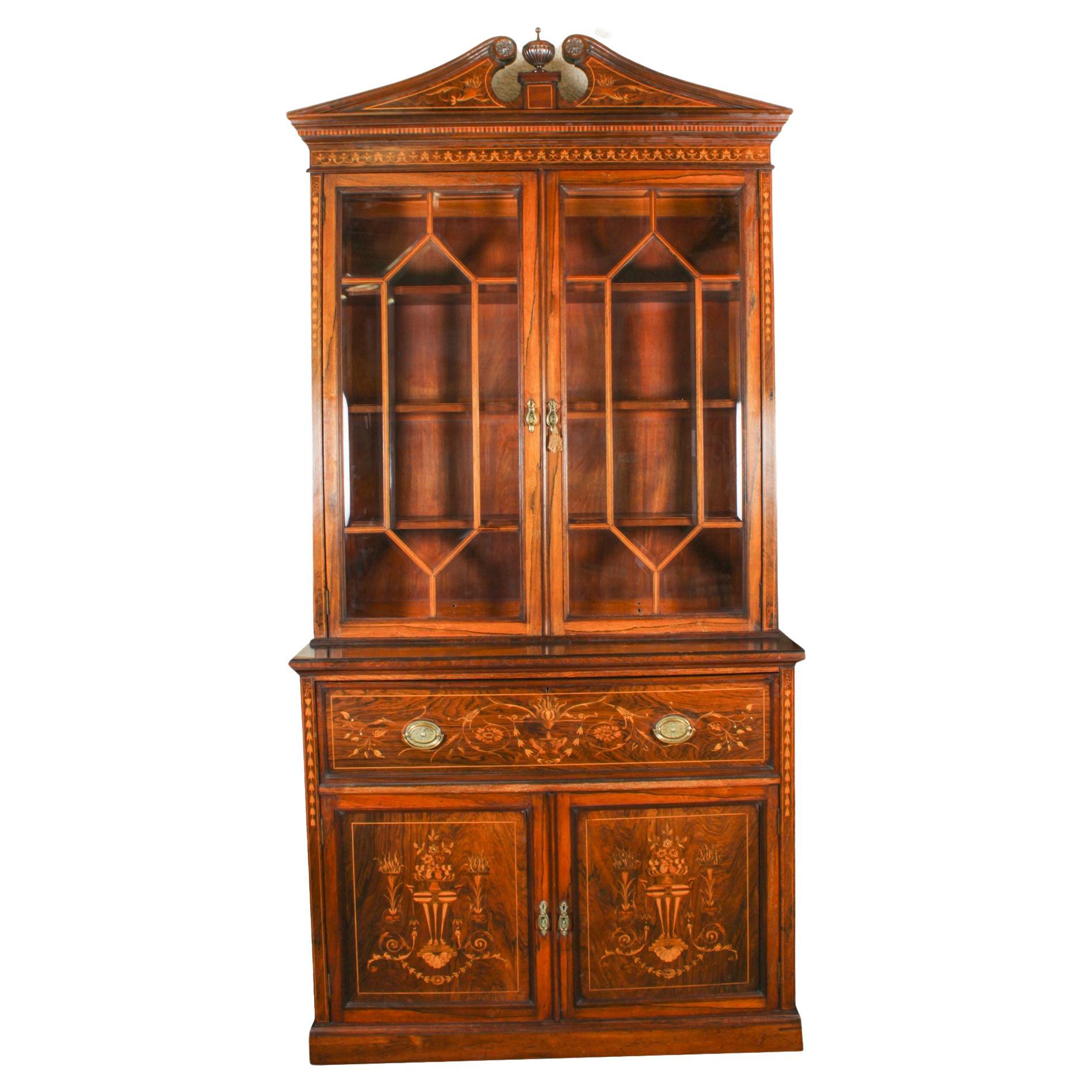 Antique Victorian Gonçalo Alves & Marquetry Secretaire Bookcase 19th C For Sale