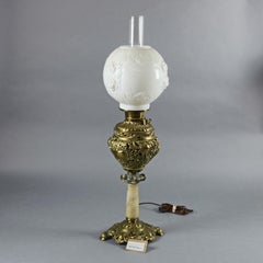 Antique Victorian Gone With The Wind Brass & Marble Parlor Table Lamp, c1880