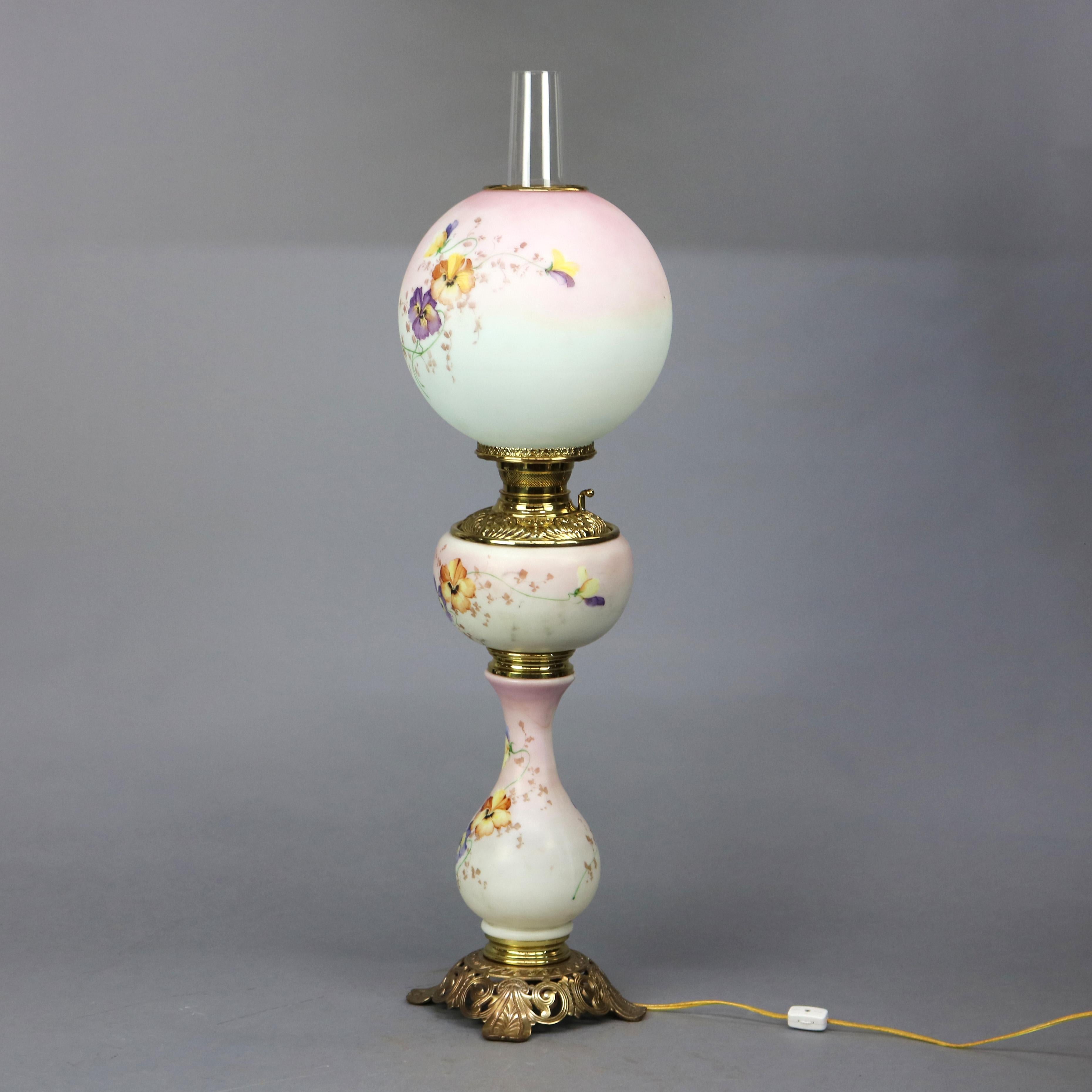 Hand-Painted Antique Victorian Gone with the Wind Floral Hand Painted Parlor Lamp, c1890