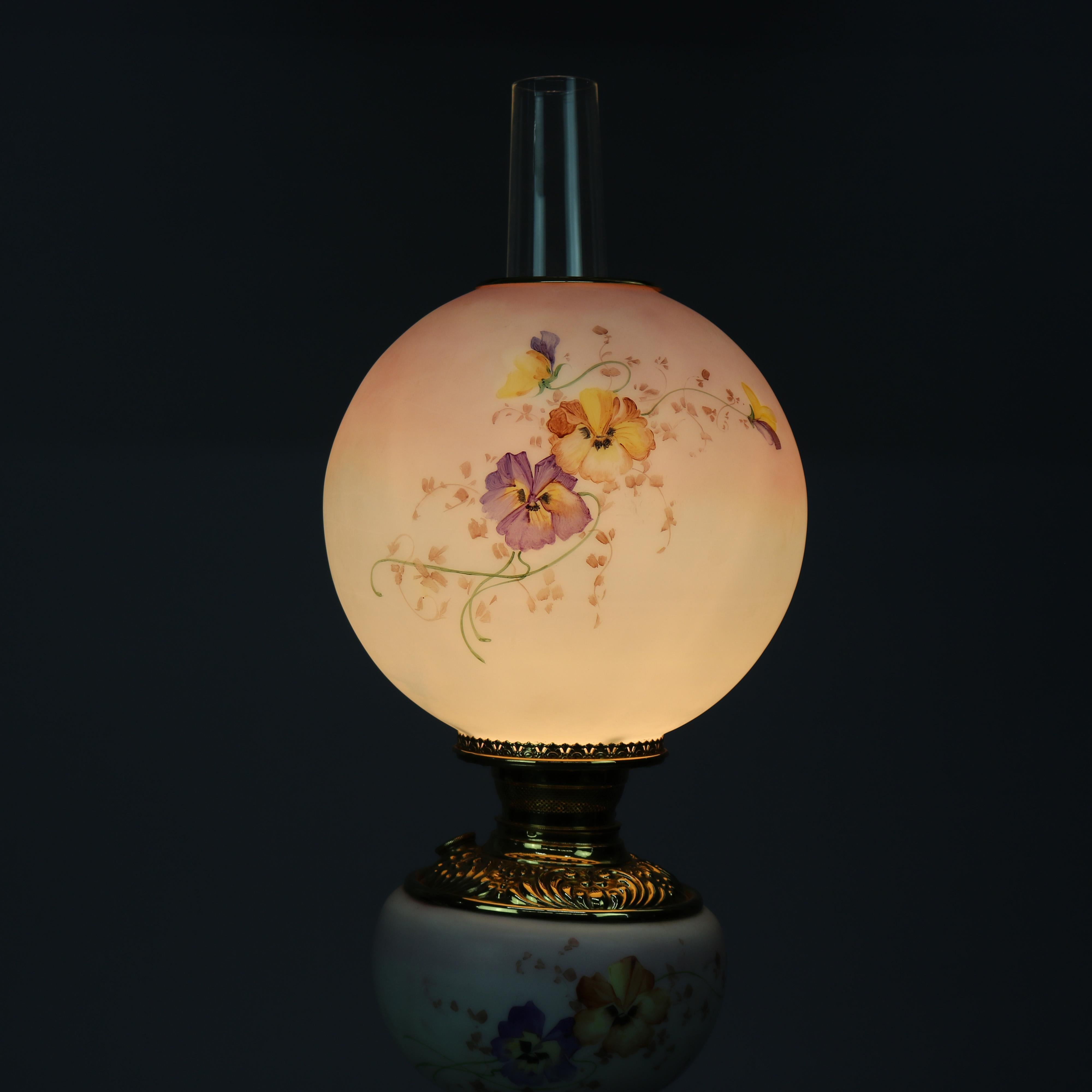 Blown Glass Antique Victorian Gone with the Wind Floral Hand Painted Parlor Lamp, c1890