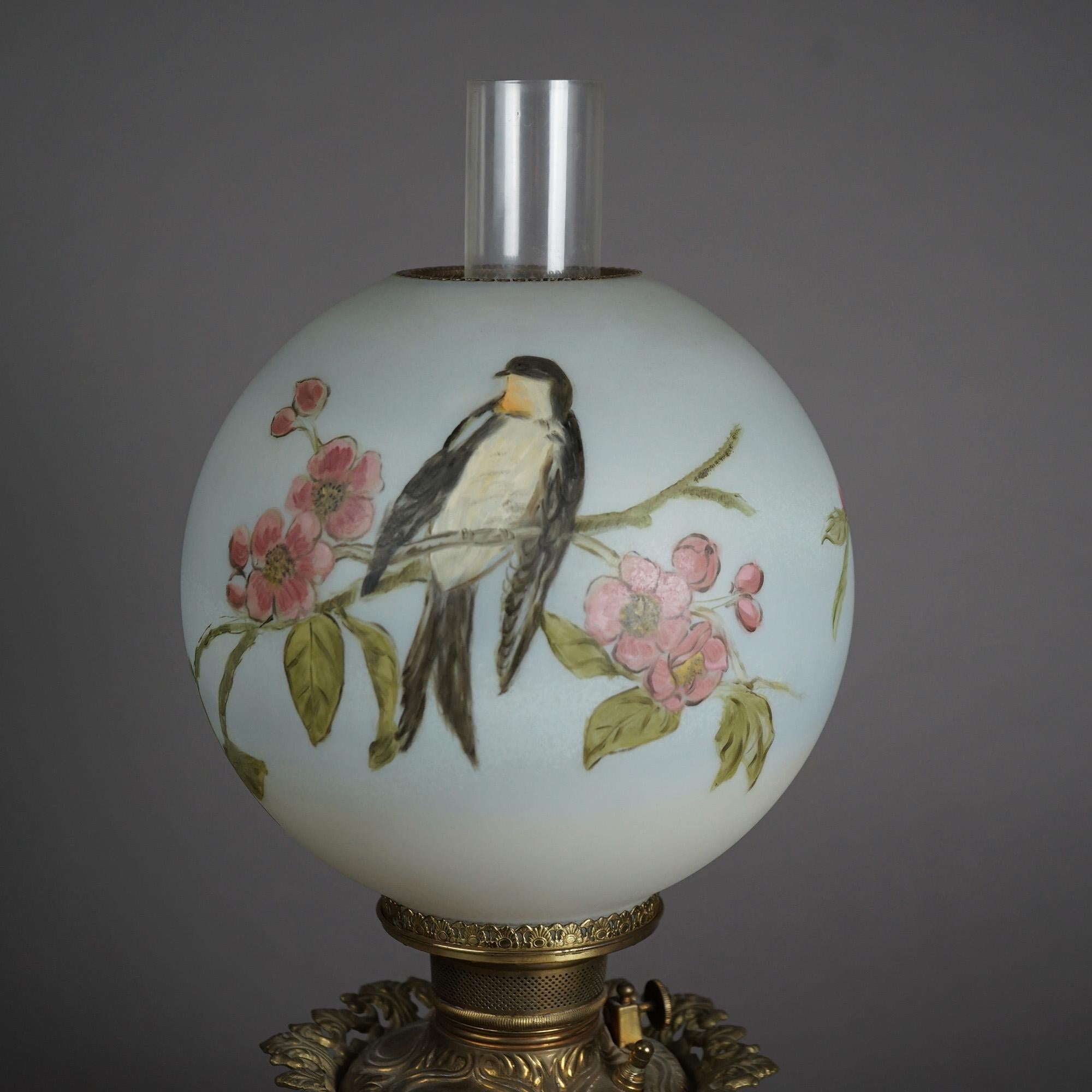 Antique Victorian Gone With The Wind Hand Painted Parlor Lamp with Bird, c1890 2