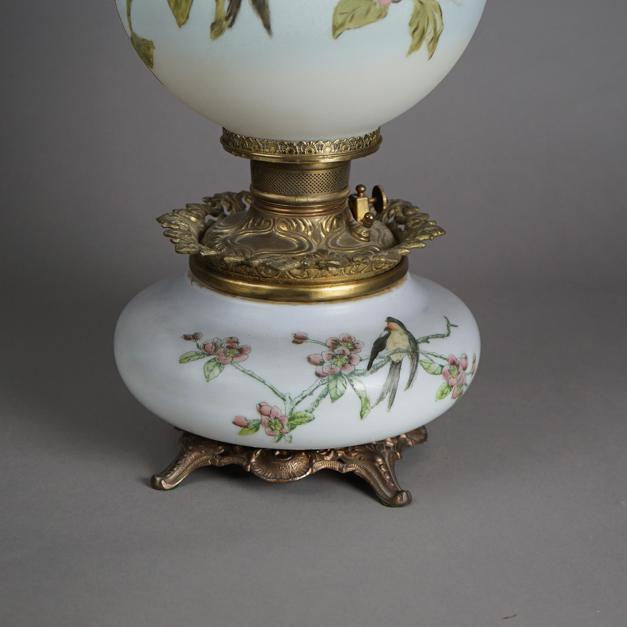 Antique Victorian Gone With The Wind Hand Painted Parlor Lamp with Bird, c1890 5