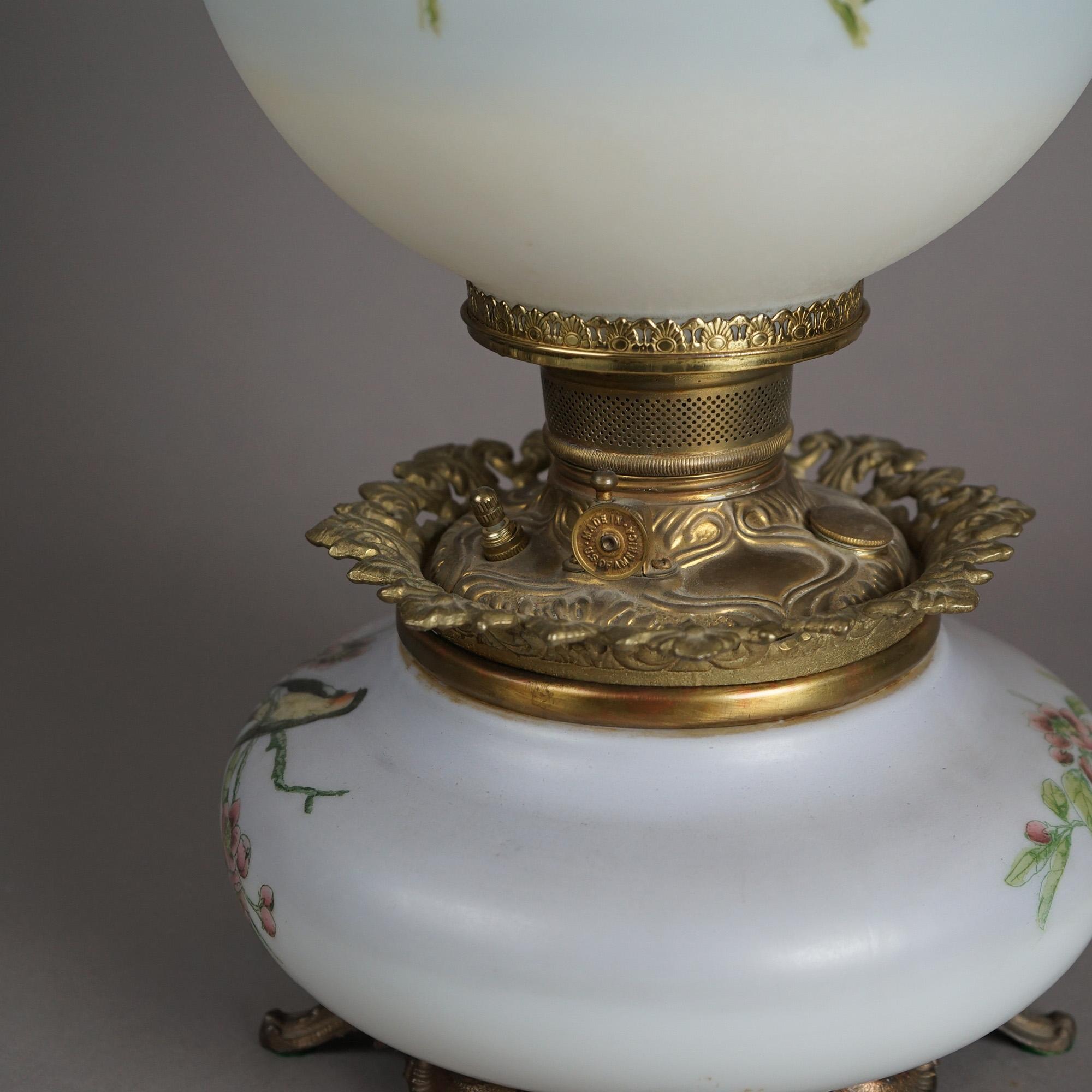 Antique Victorian Gone With The Wind Hand Painted Parlor Lamp with Bird, c1890 7