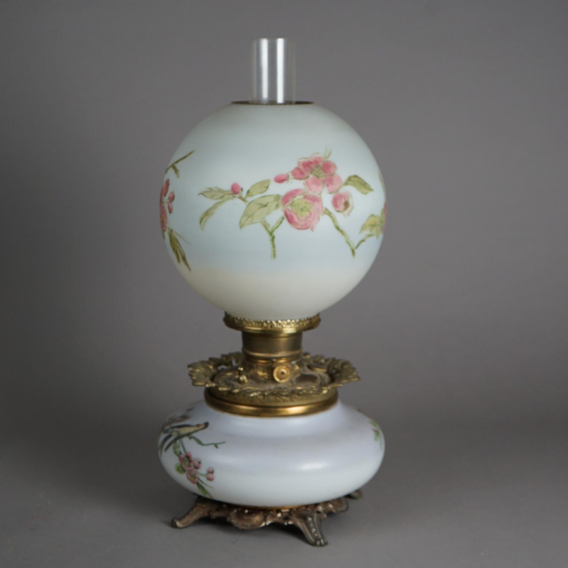 American Antique Victorian Gone With The Wind Hand Painted Parlor Lamp with Bird, c1890