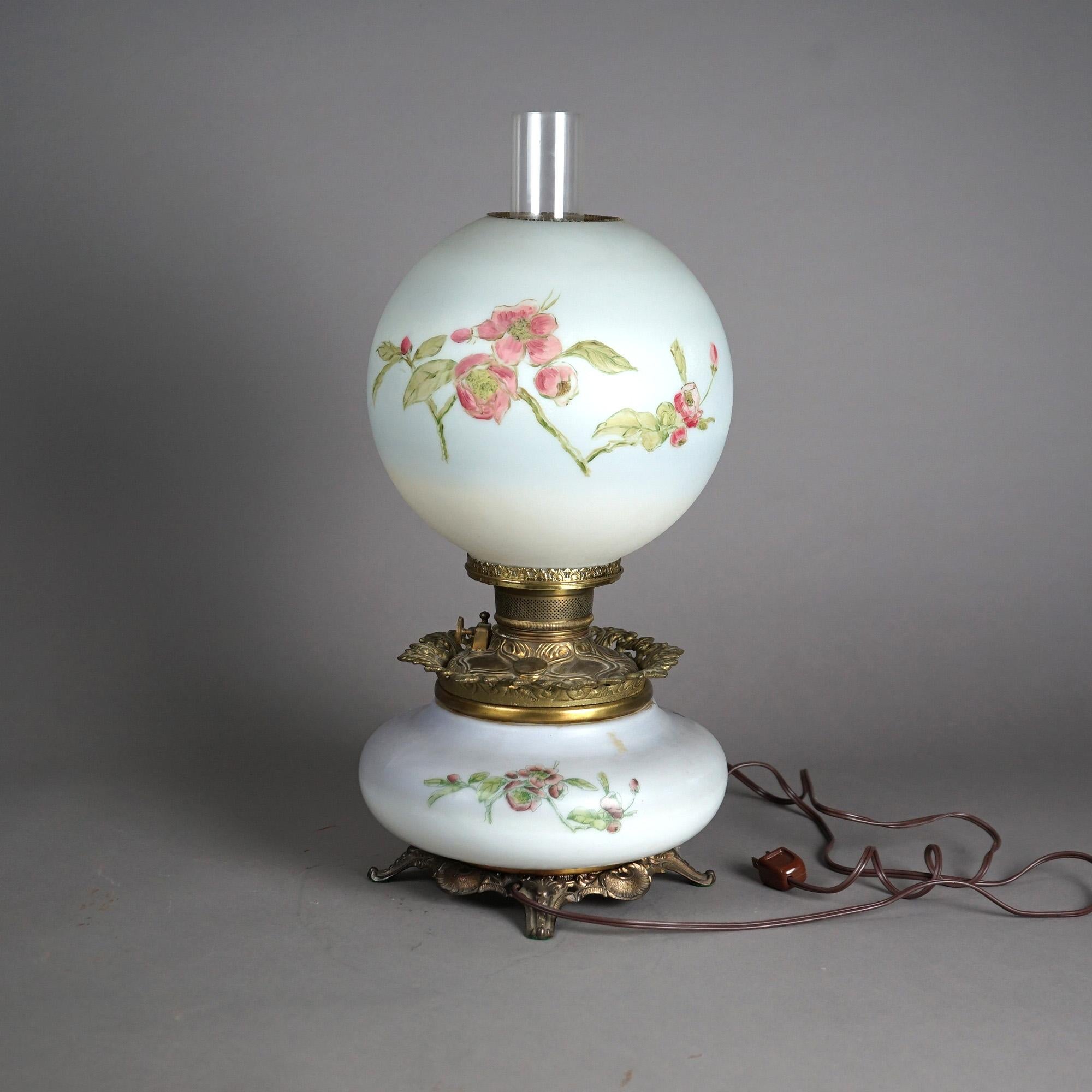 Hand-Painted Antique Victorian Gone With The Wind Hand Painted Parlor Lamp with Bird, c1890