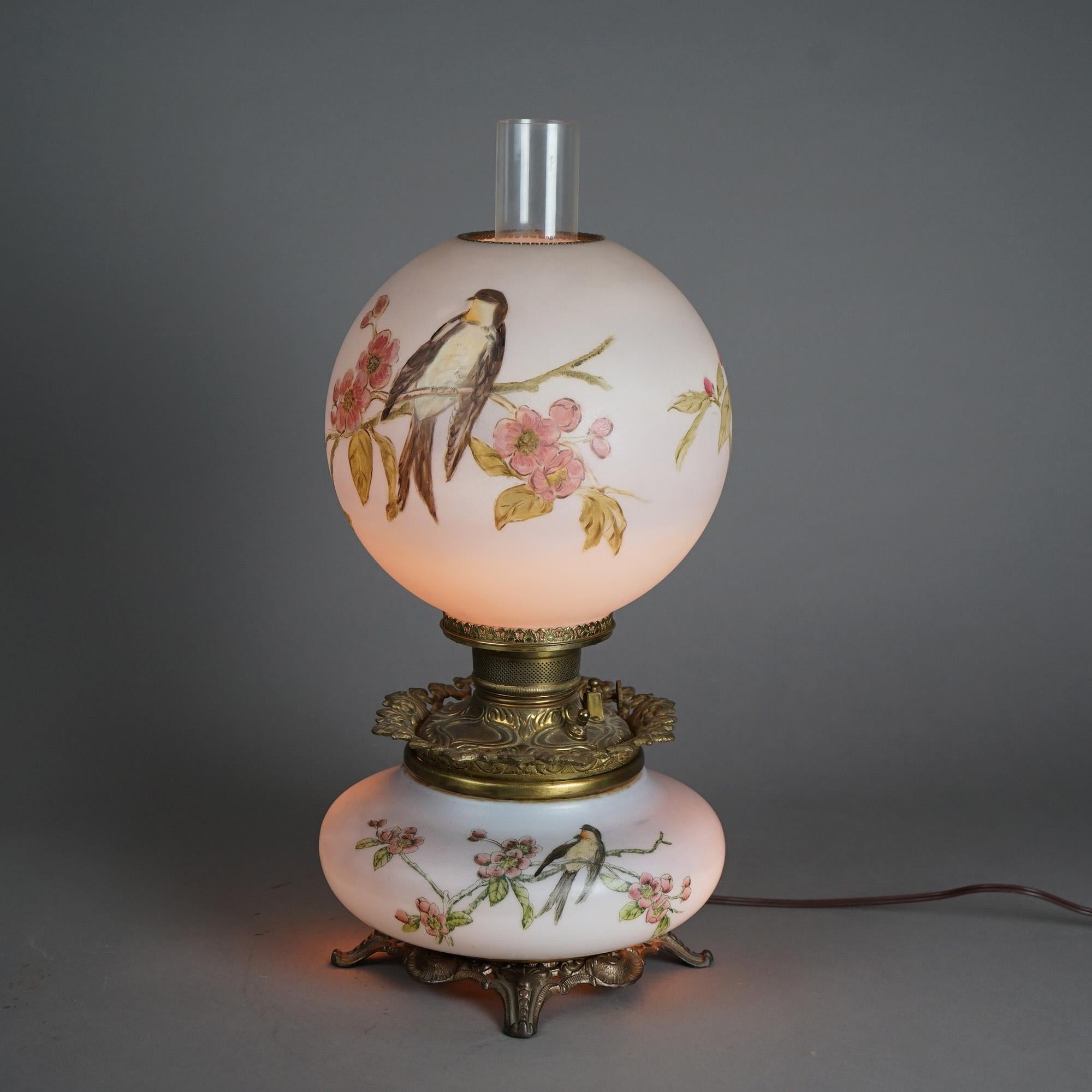Antique Victorian Gone With The Wind Hand Painted Parlor Lamp with Bird, c1890 In Good Condition In Big Flats, NY