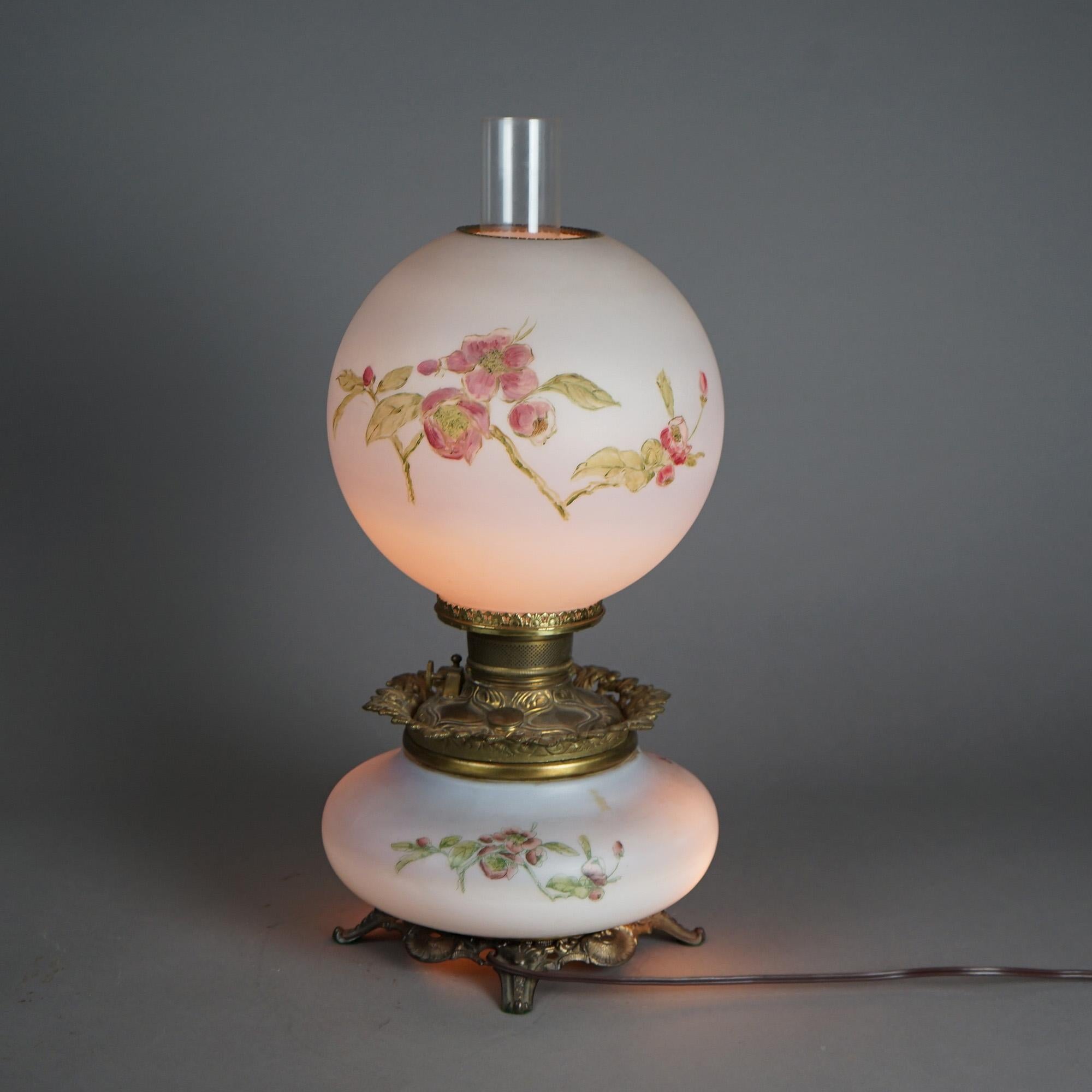 19th Century Antique Victorian Gone With The Wind Hand Painted Parlor Lamp with Bird, c1890