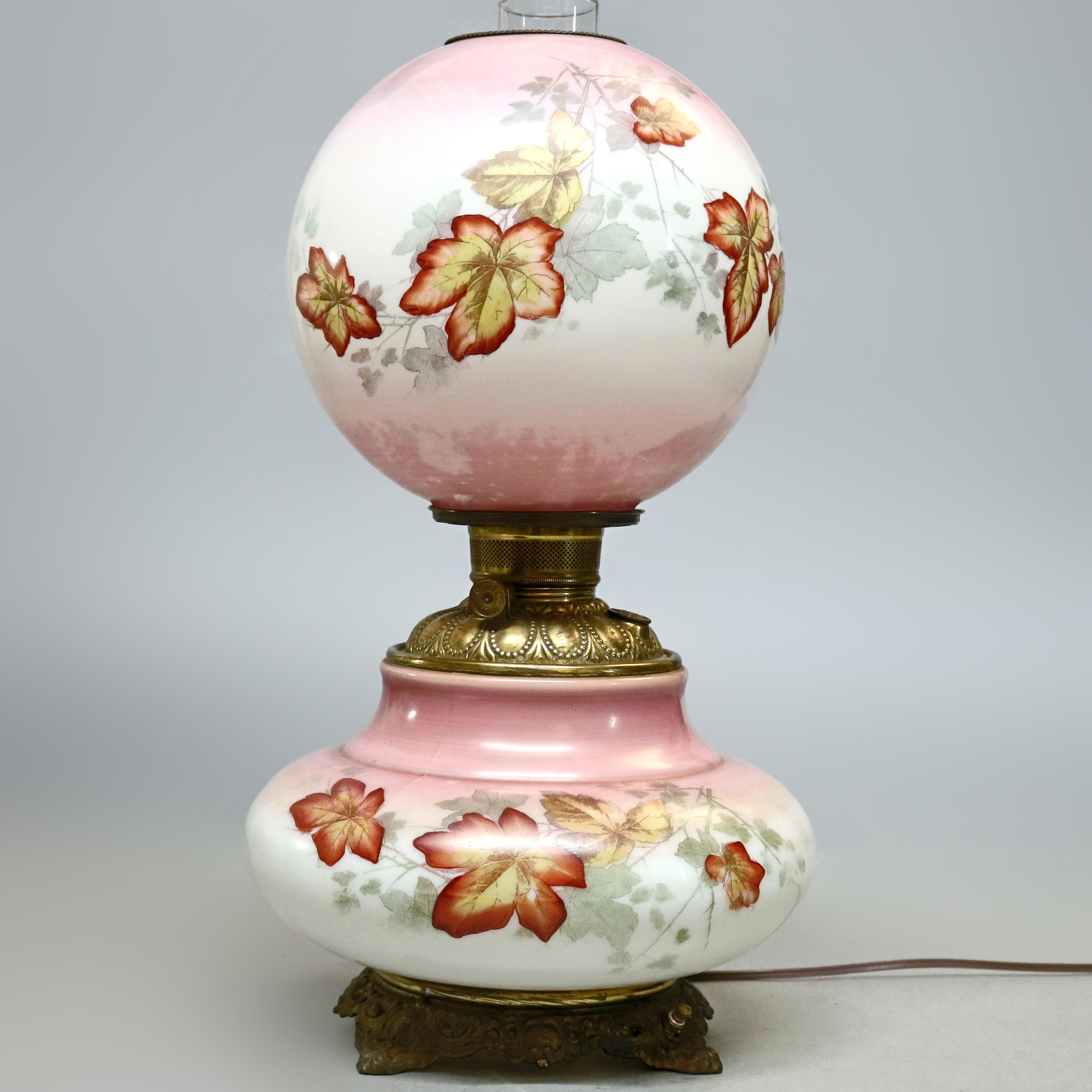 American Antique Victorian Gone with the Wind Parlor Lamp, Fall Foliage Decorated