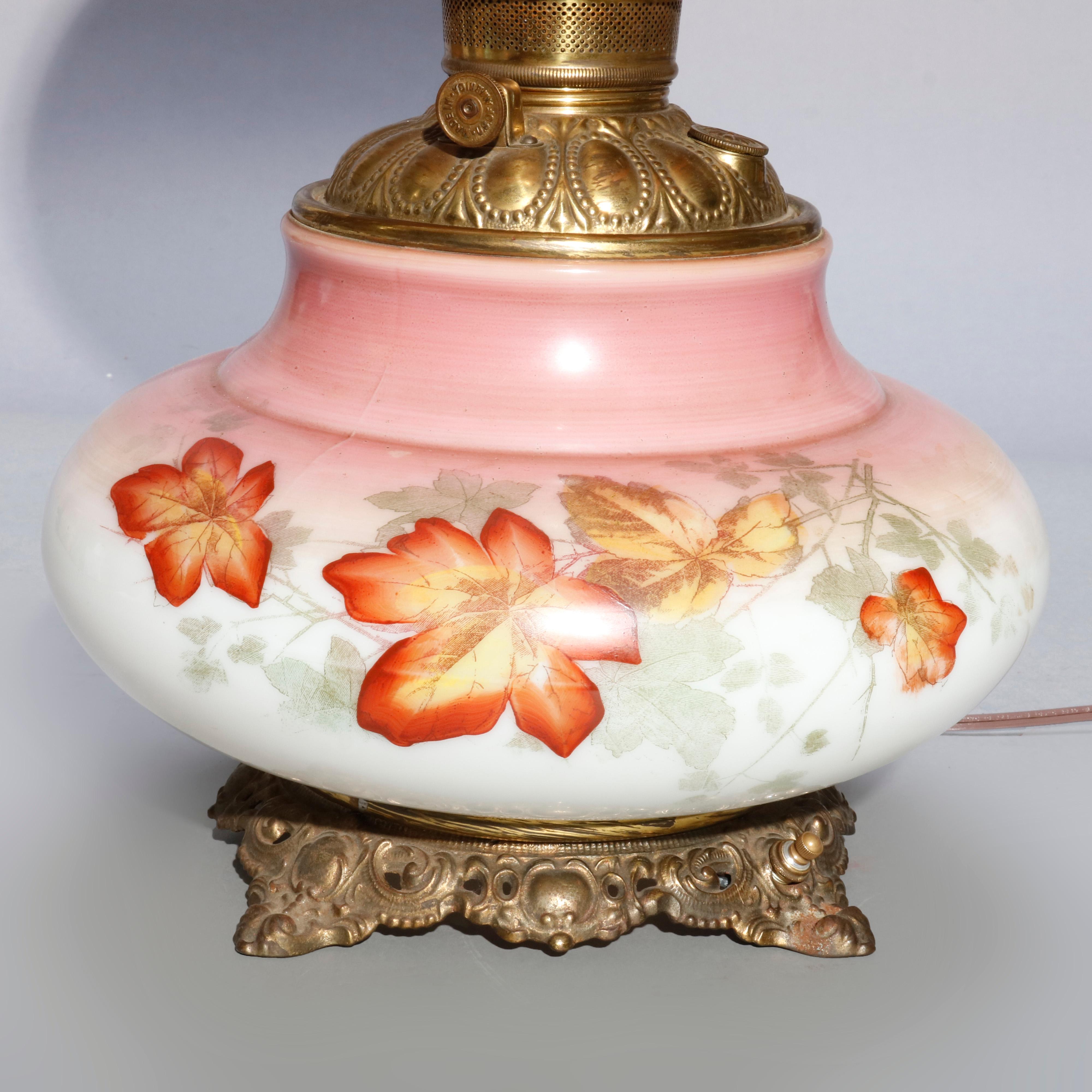 Antique Victorian Gone with the Wind Parlor Lamp, Fall Foliage Decorated In Good Condition In Big Flats, NY