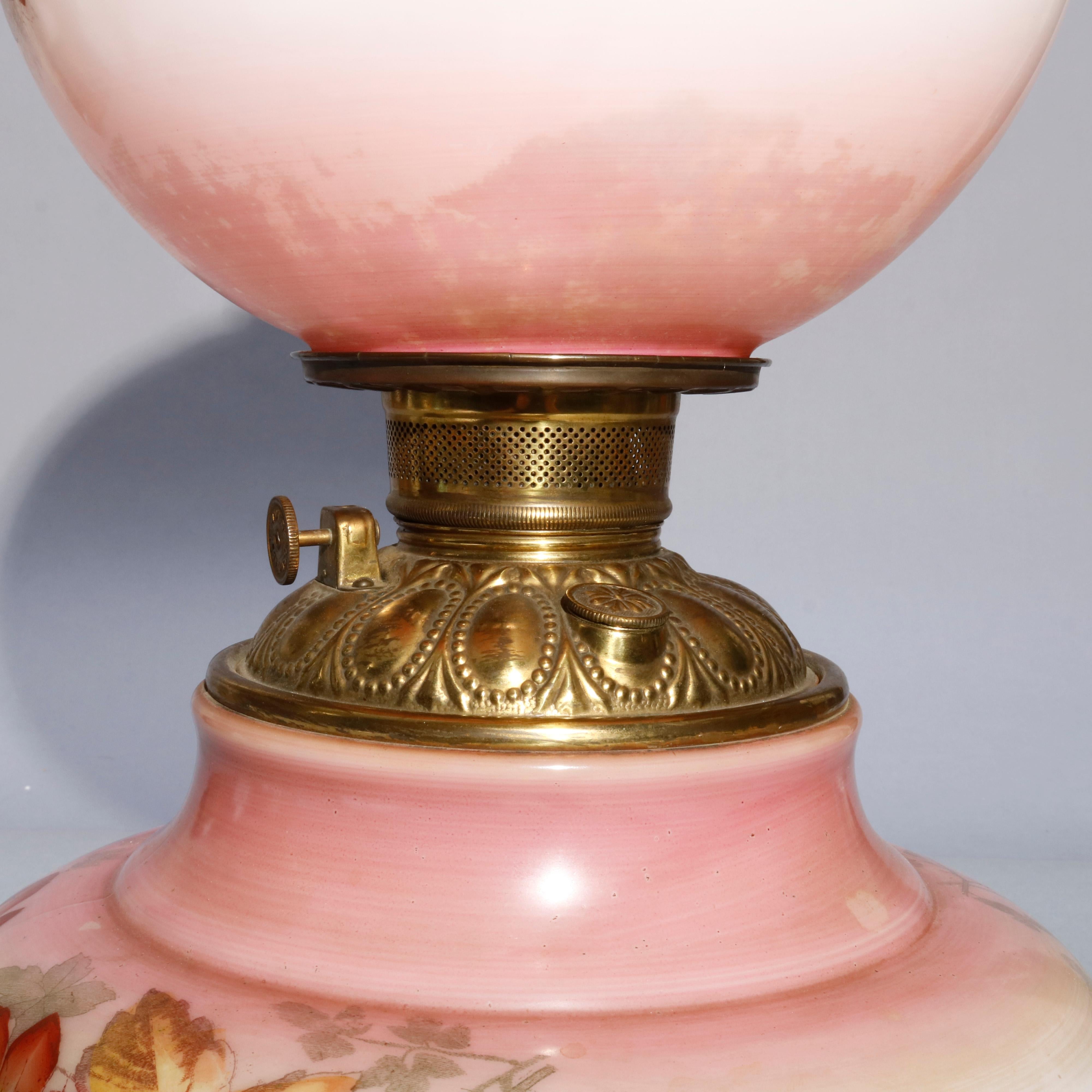 19th Century Antique Victorian Gone with the Wind Parlor Lamp, Fall Foliage Decorated