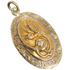 Antique Victorian Gothic 14k Yellow Gold & Diamond Winged Dragon Pendant