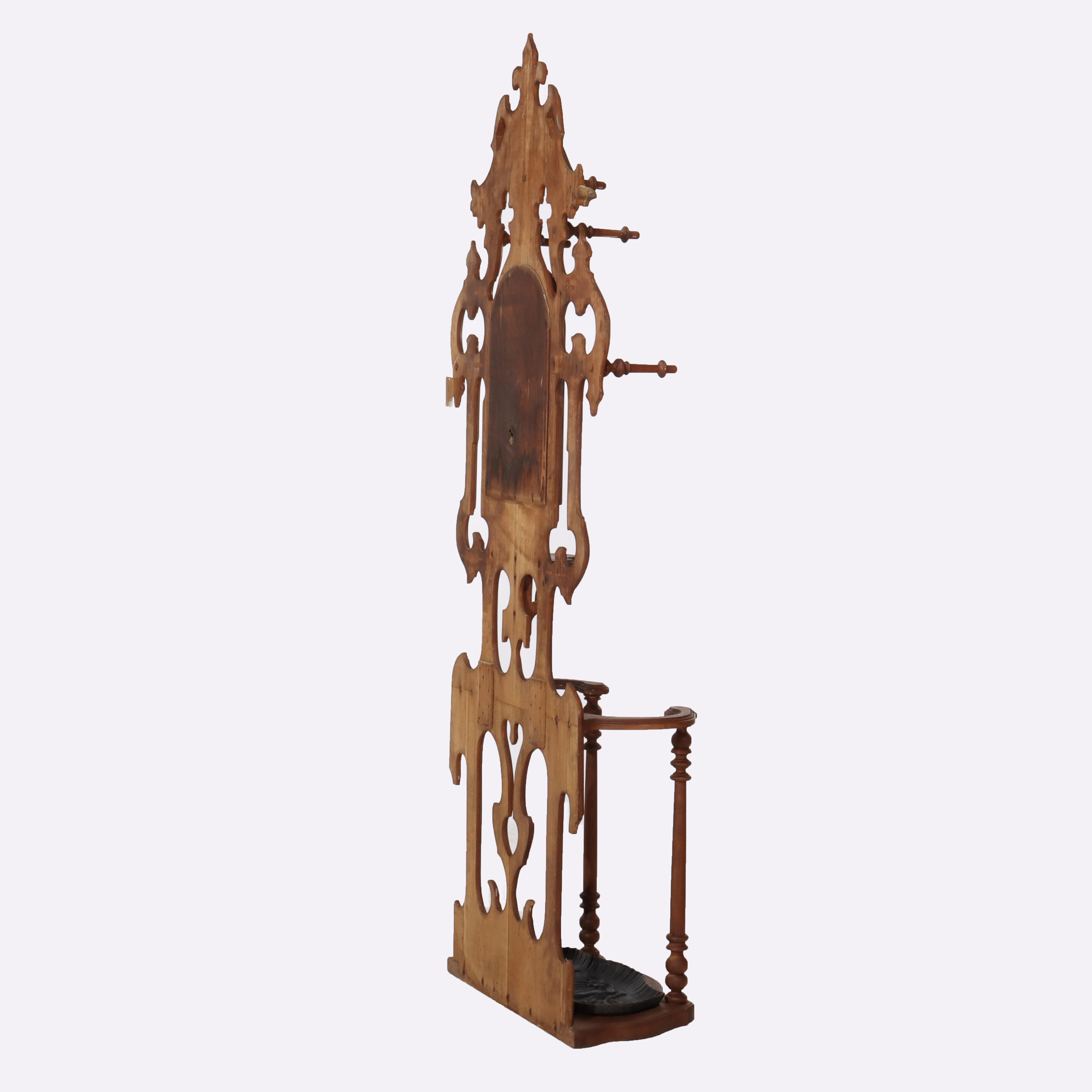 Antique Victorian Gothic Mirrored Walnut Hall Tree With Umbrella Stand c1890 For Sale 7