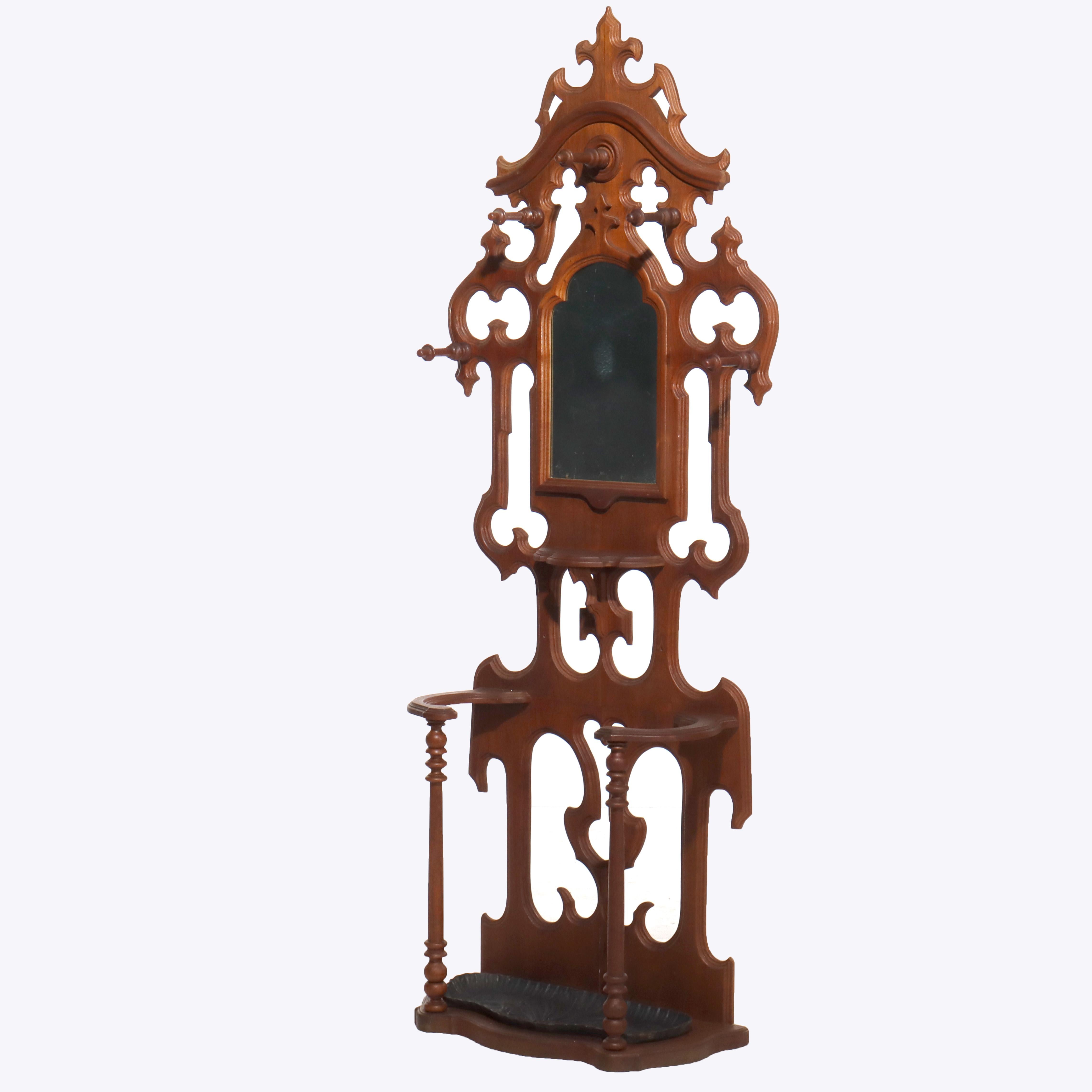 Antique Victorian Gothic Mirrored Walnut Hall Tree With Umbrella Stand c1890
Measures - 88 1/2