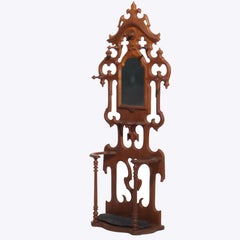 Antique Victorian Gothic Mirrored Walnut Hall Tree With Umbrella Stand c1890