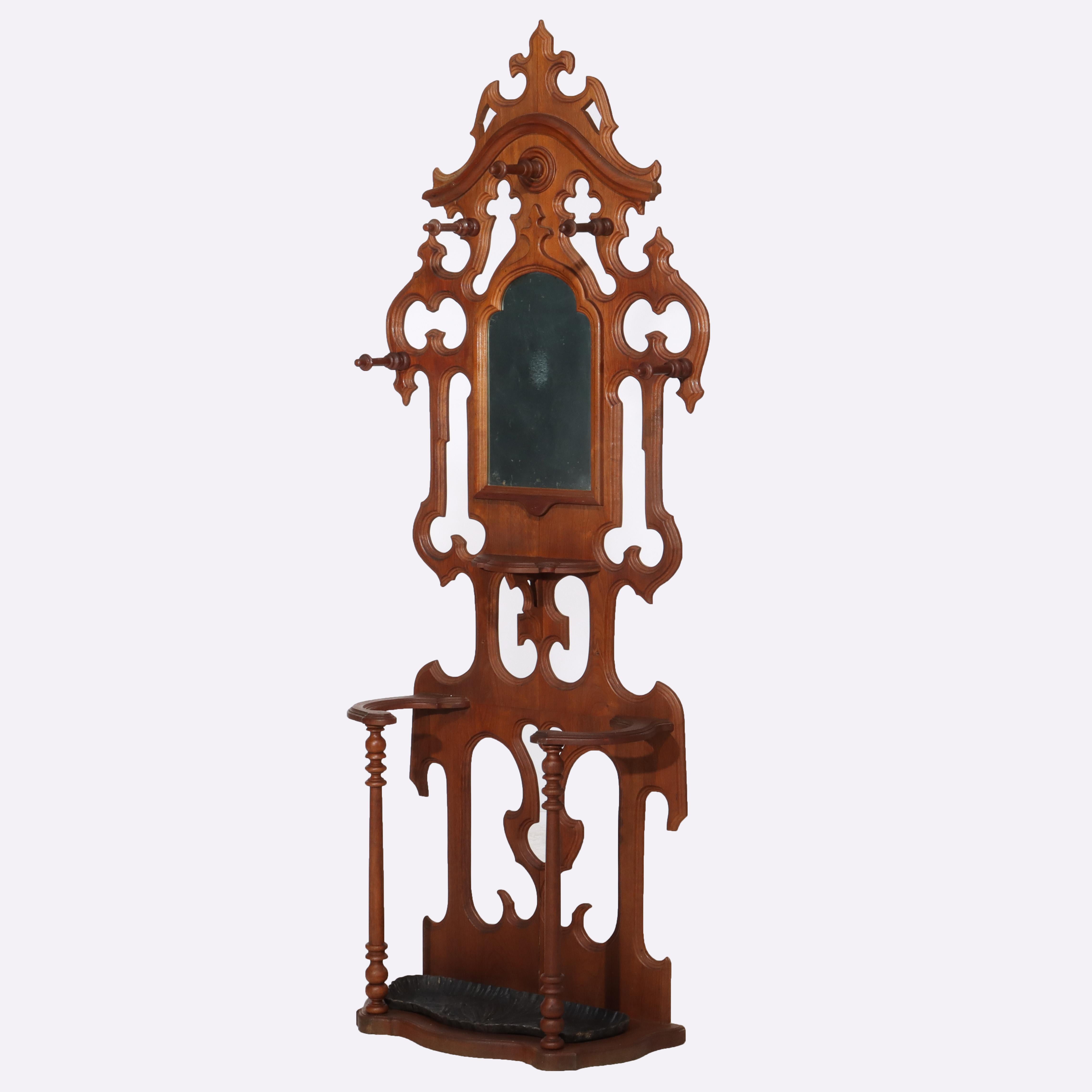 Antique Victorian Gothic Mirrored Walnut Hall Tree With Umbrella Stand c1890 In Good Condition For Sale In Big Flats, NY