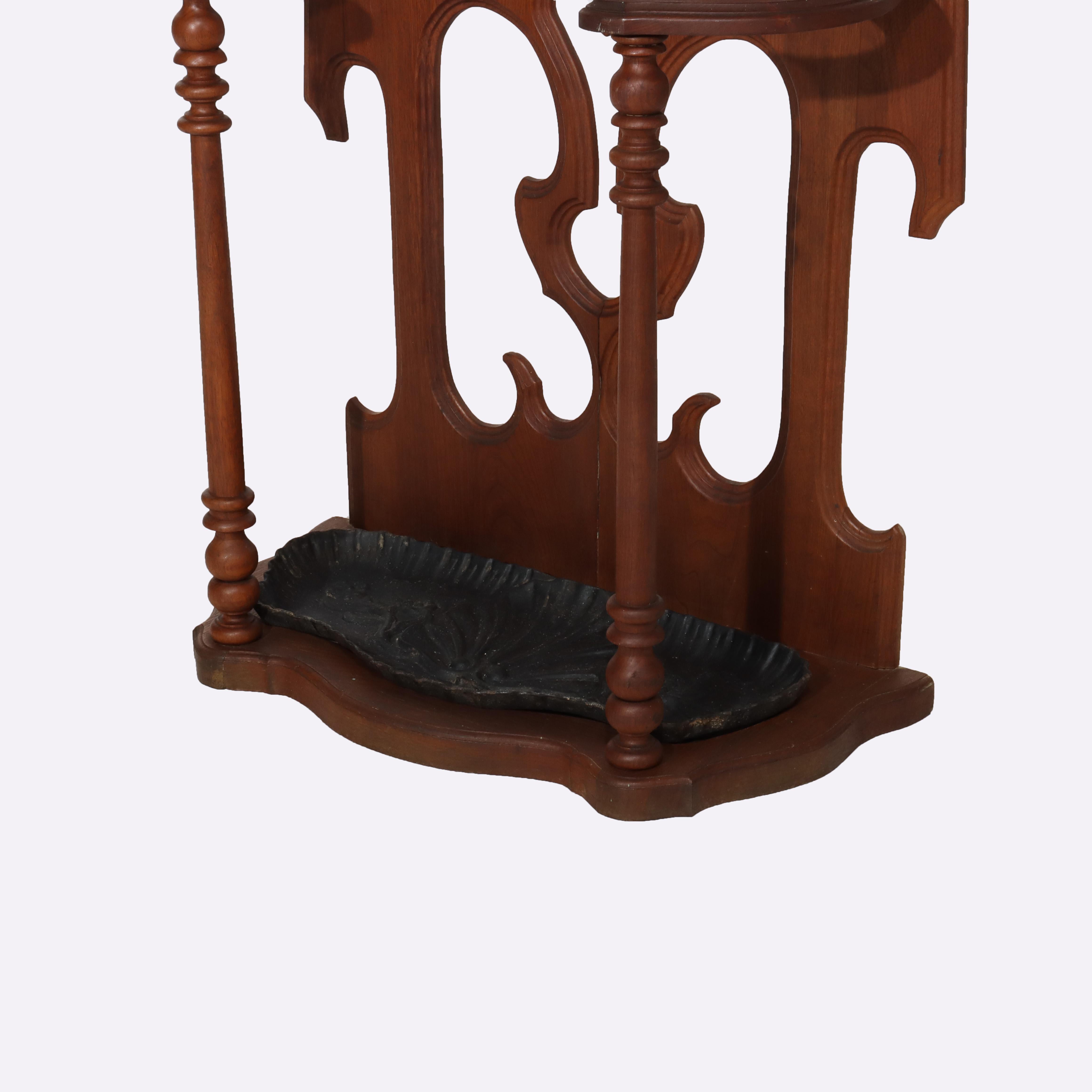 19th Century Antique Victorian Gothic Mirrored Walnut Hall Tree With Umbrella Stand c1890 For Sale