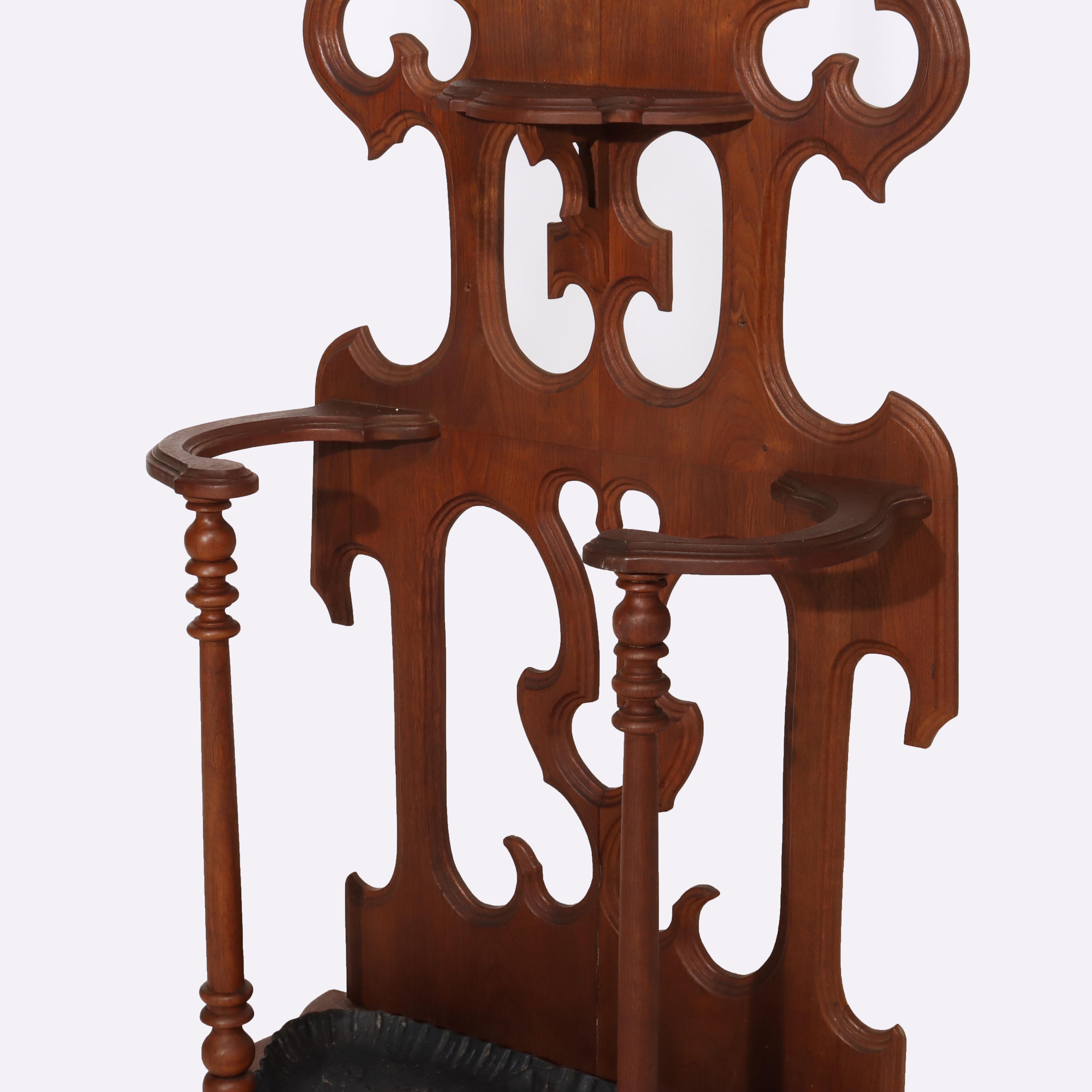 Antique Victorian Gothic Mirrored Walnut Hall Tree With Umbrella Stand c1890 For Sale 1