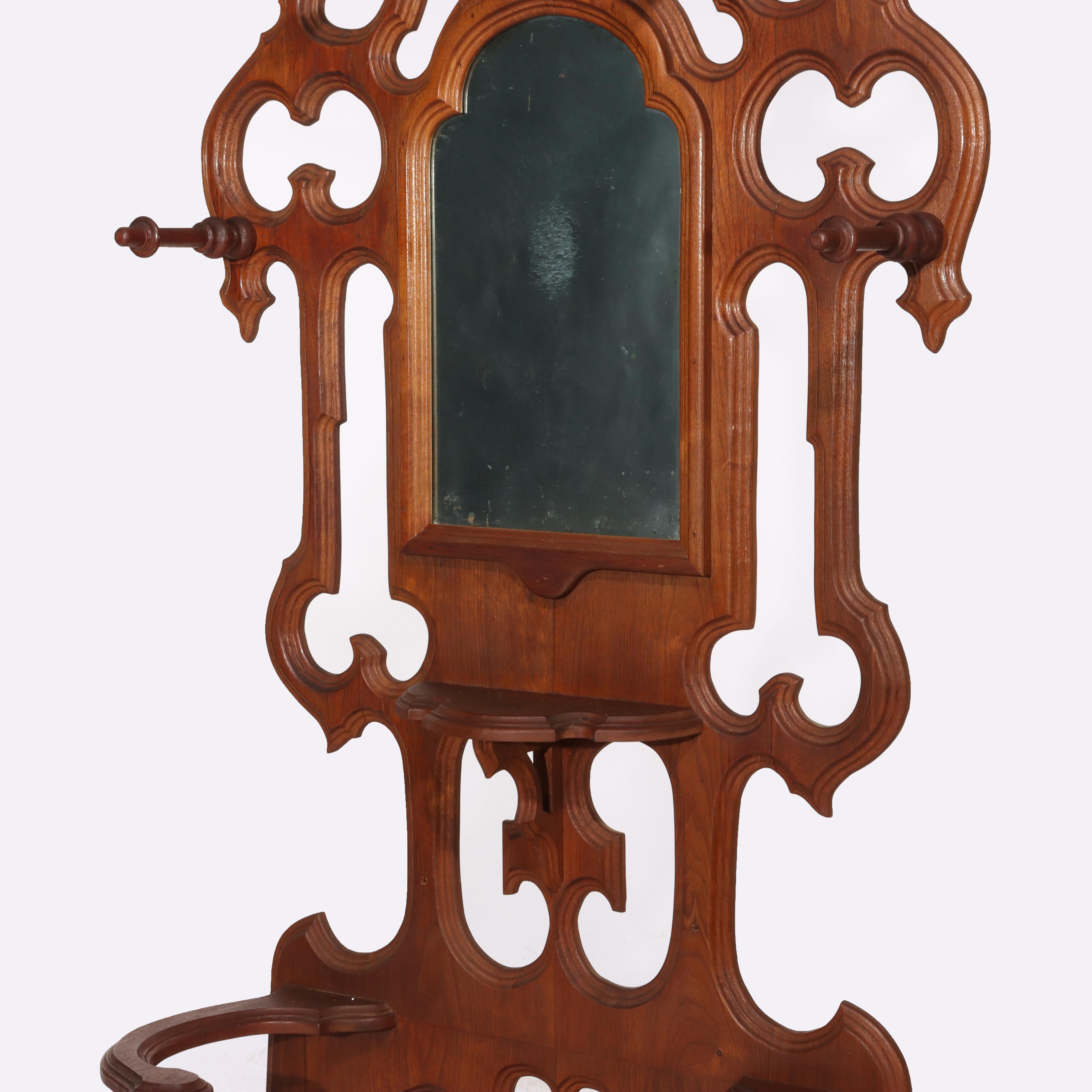 Antique Victorian Gothic Mirrored Walnut Hall Tree With Umbrella Stand c1890 For Sale 2