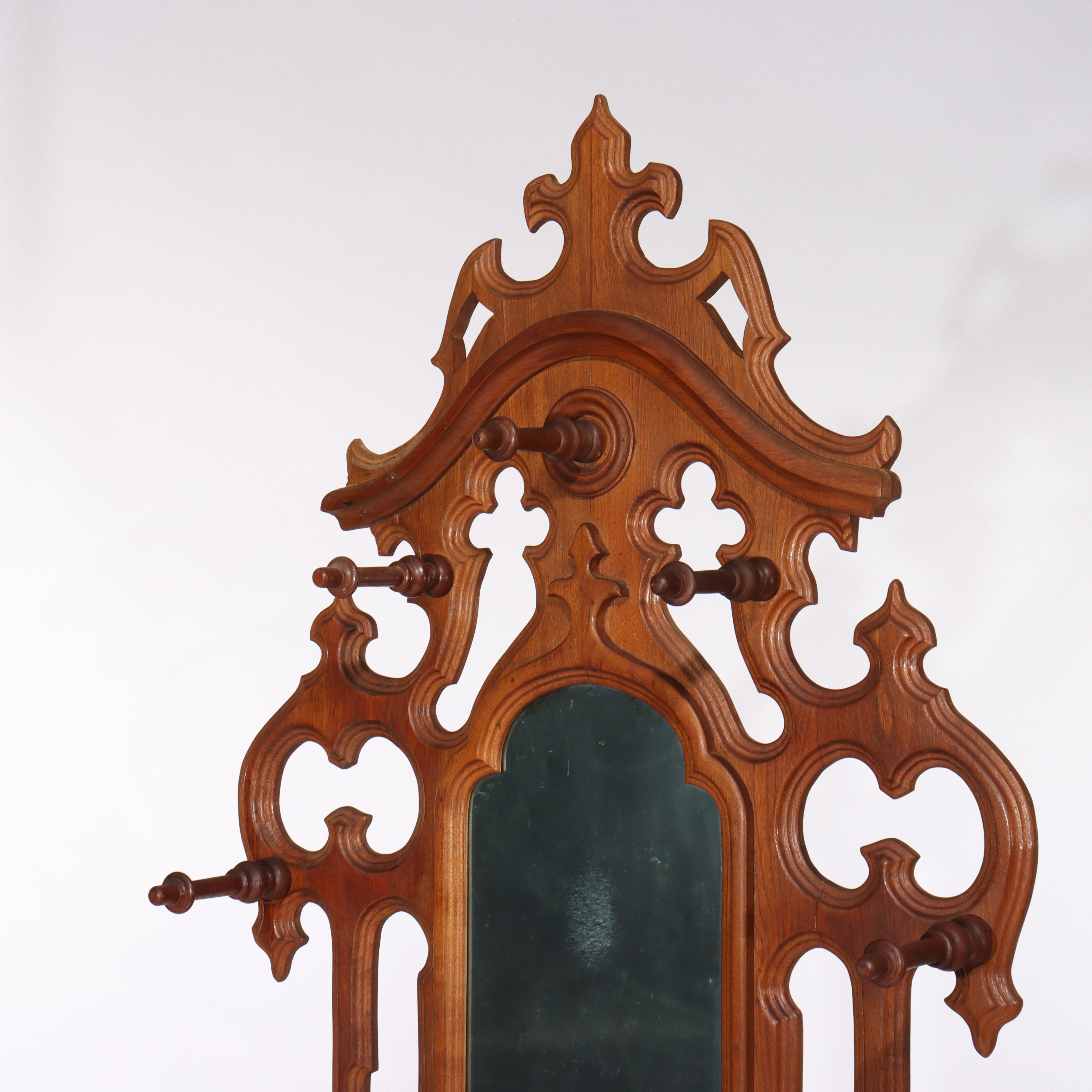 Antique Victorian Gothic Mirrored Walnut Hall Tree With Umbrella Stand c1890 For Sale 3